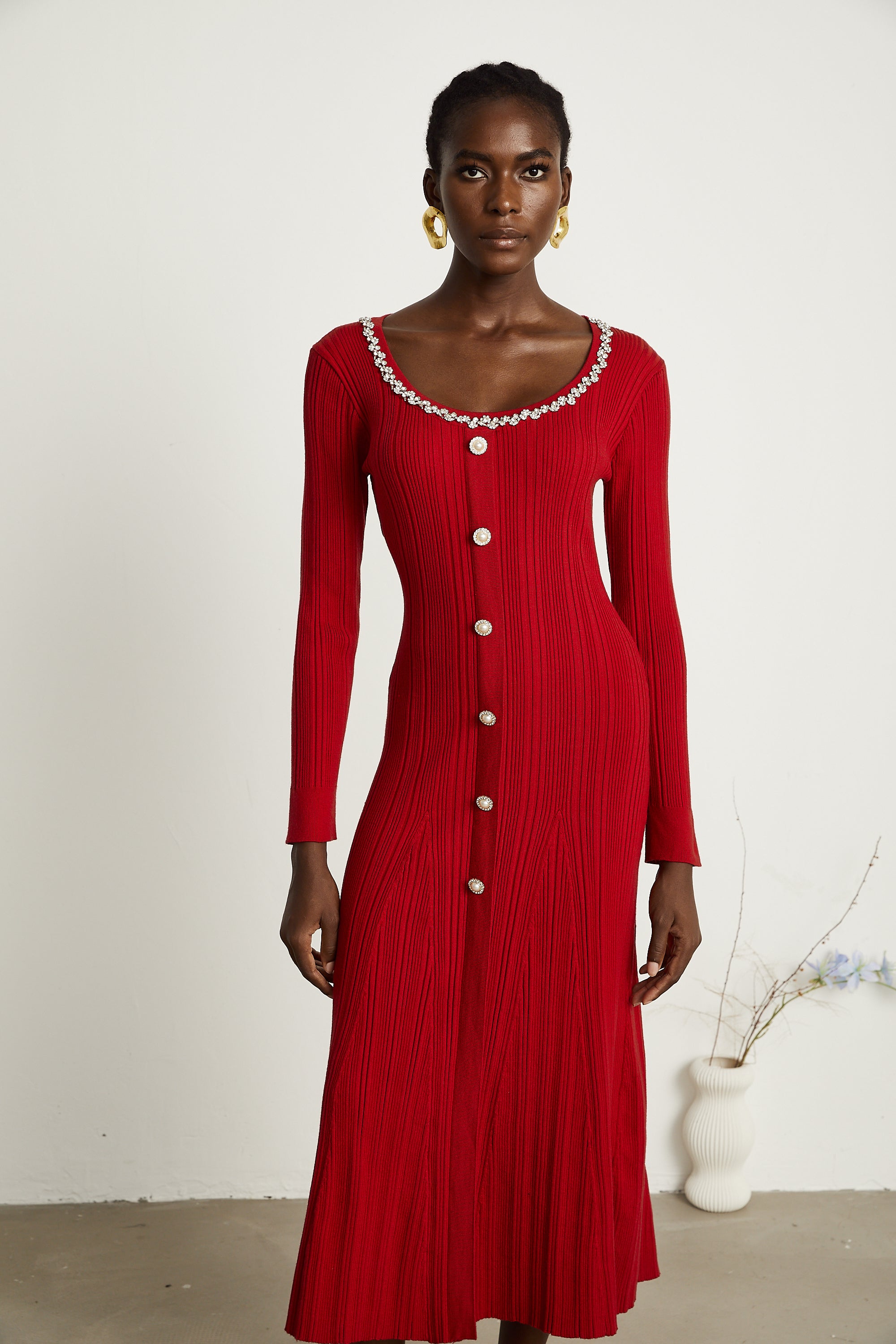 Anaxarete red embellished knitted midi dress