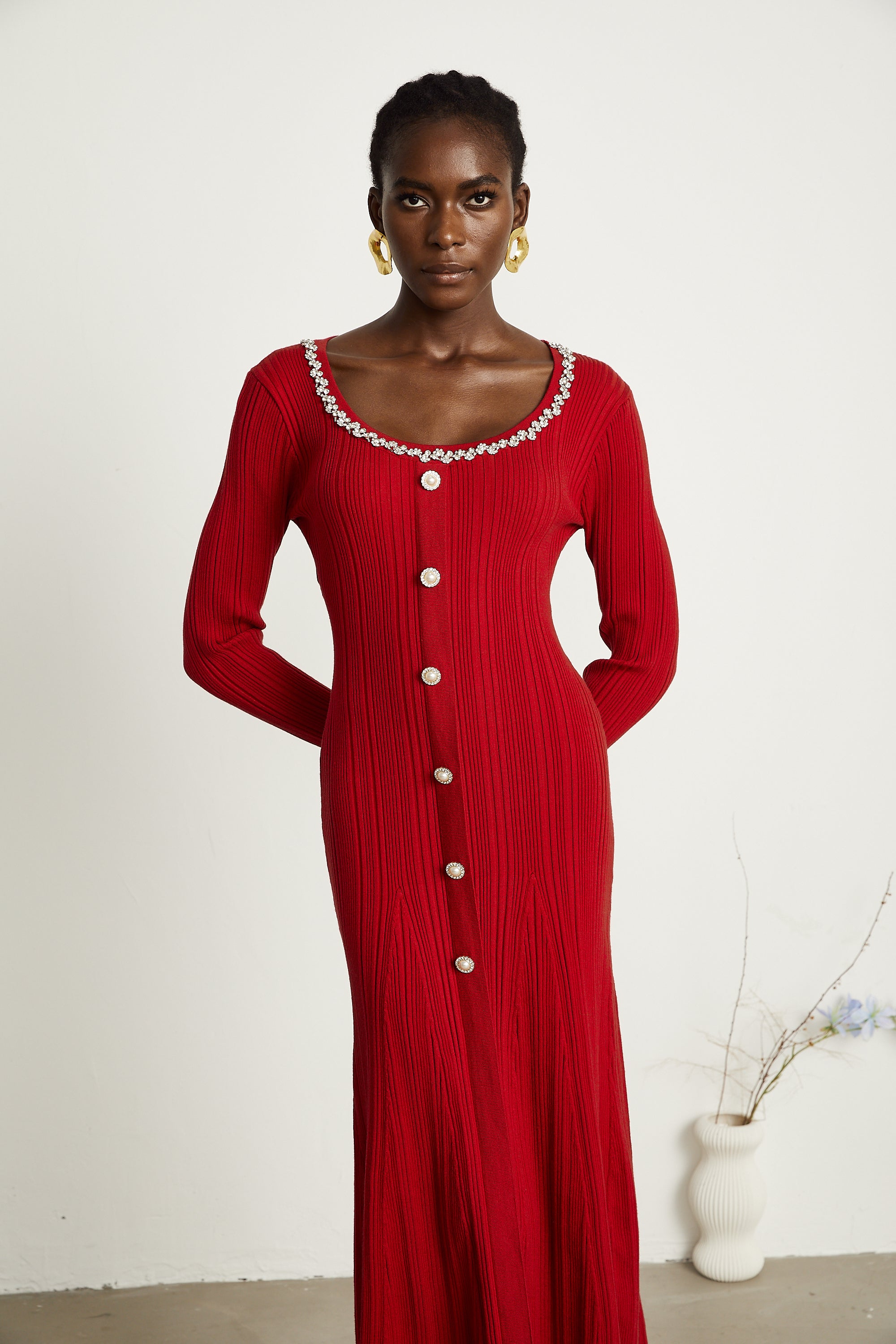 Anaxarete red embellished knitted midi dress