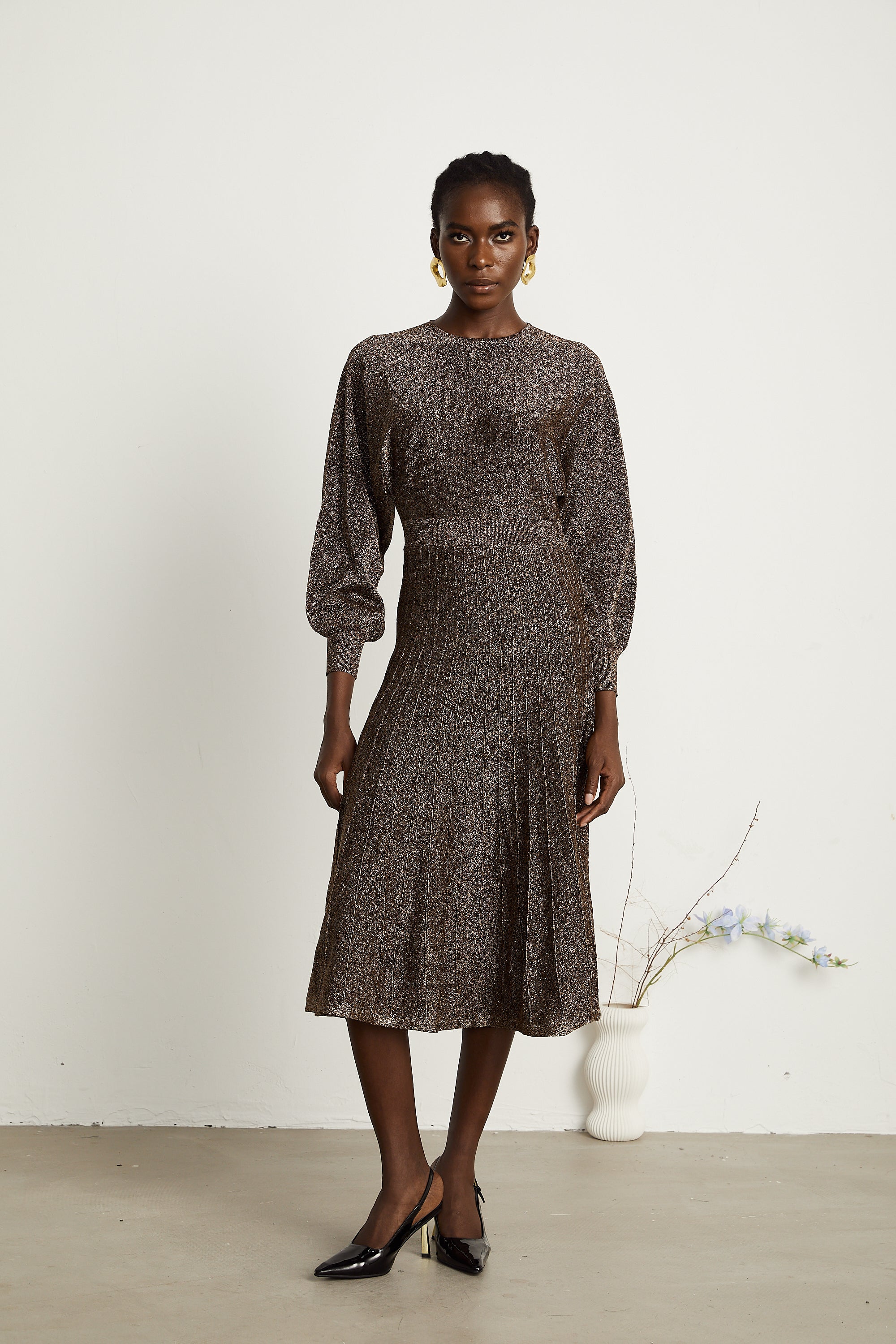 Cordélia brown metallic-threading ribbed midi dress