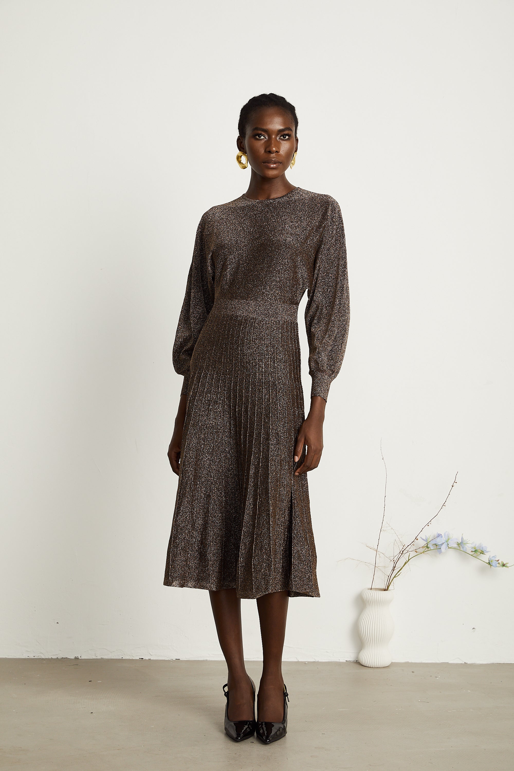 Cordélia brown metallic-threading ribbed midi dress