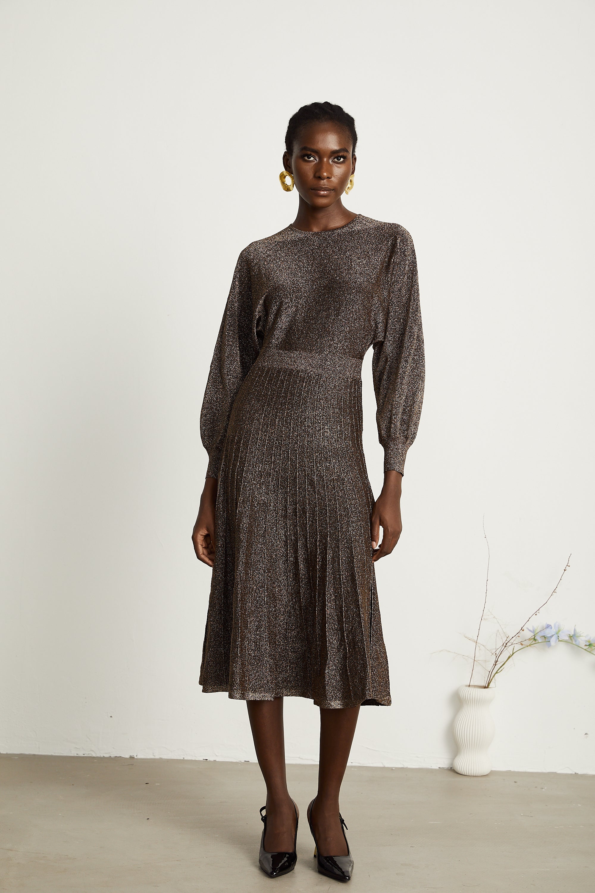 Cordélia brown metallic-threading ribbed midi dress