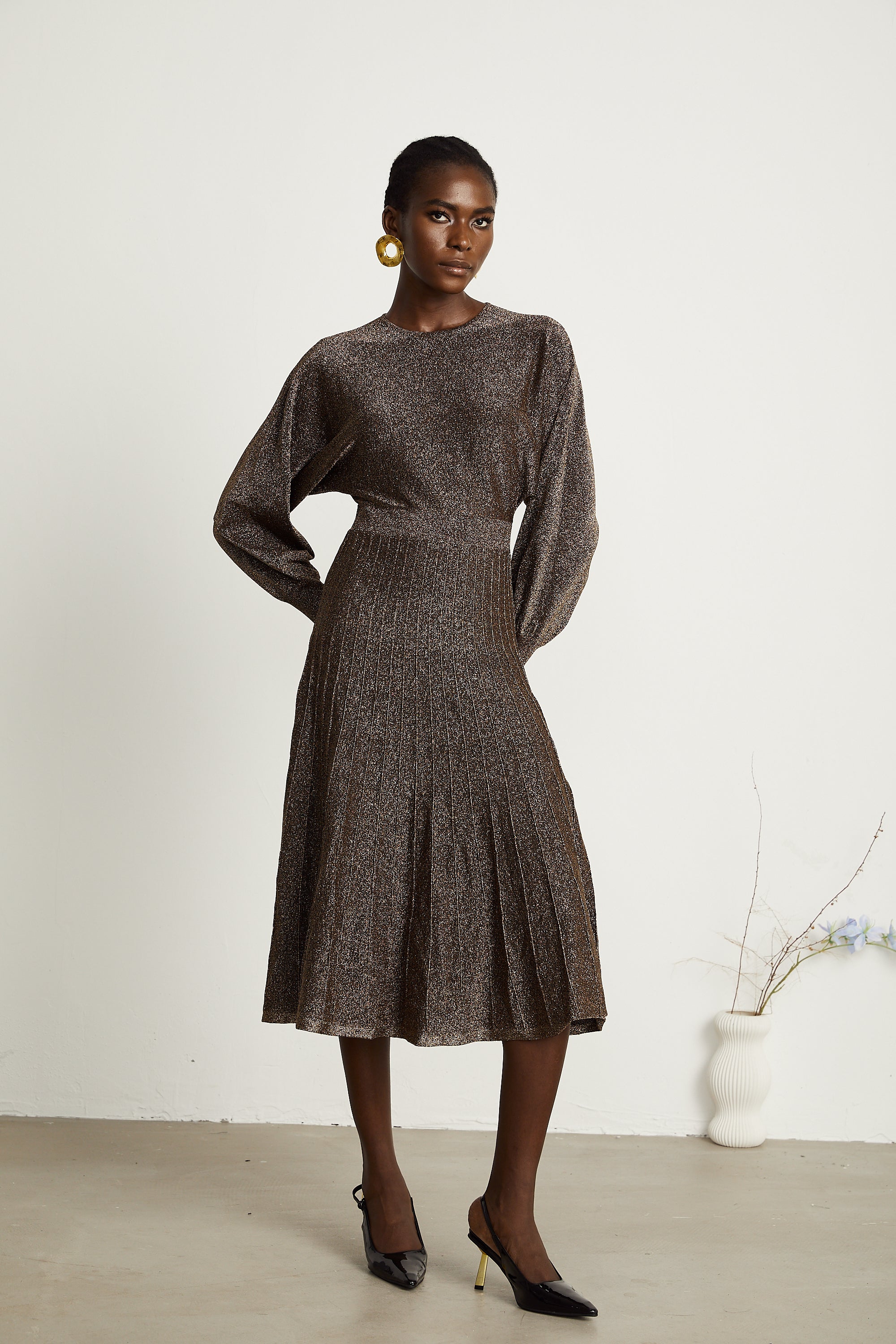 Cordélia brown metallic-threading ribbed midi dress