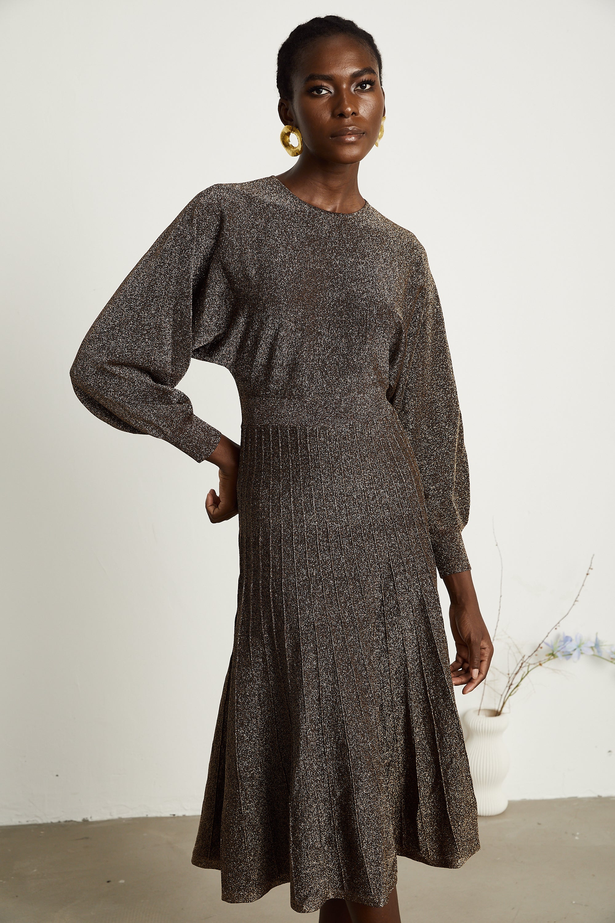 Cordélia brown metallic-threading ribbed midi dress