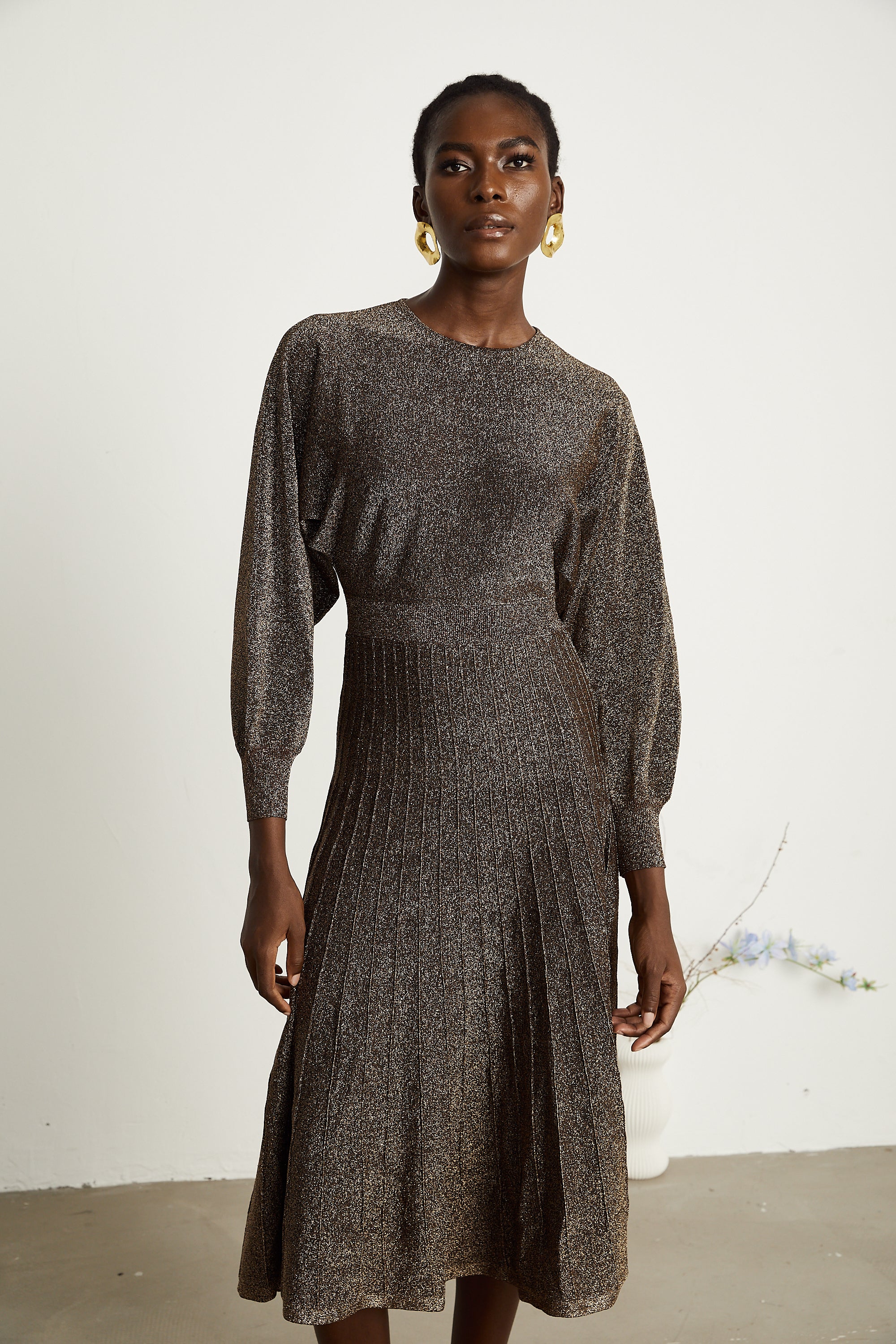 Cordélia brown metallic-threading ribbed midi dress