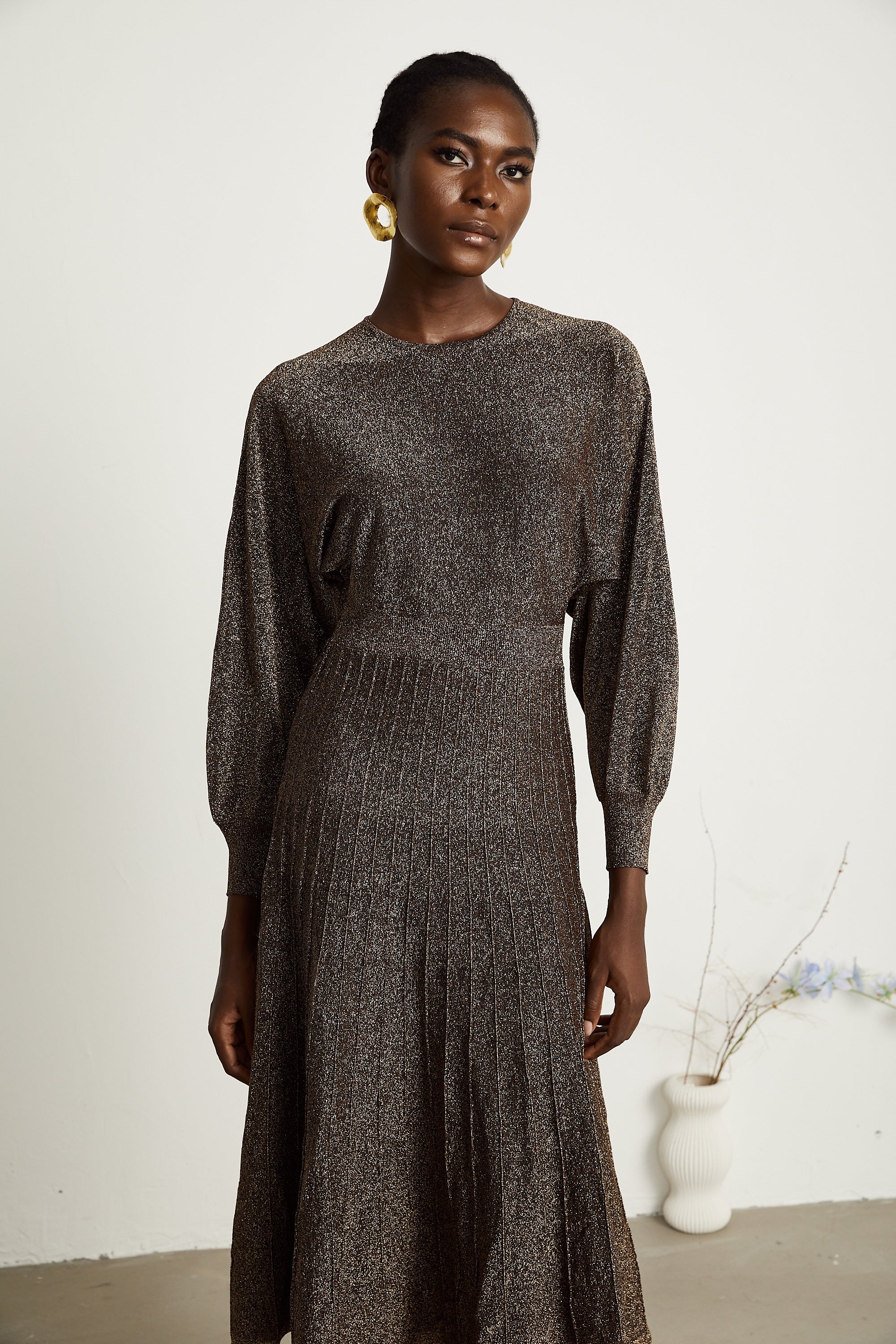 Cordélia brown metallic-threading ribbed midi dress