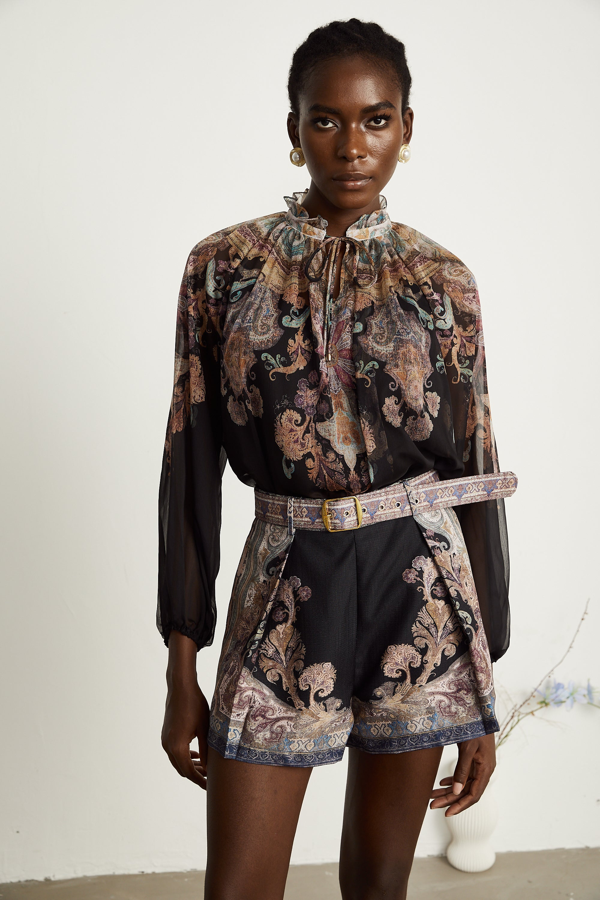 Angèle black Paisley-print blouse & shorts matching set