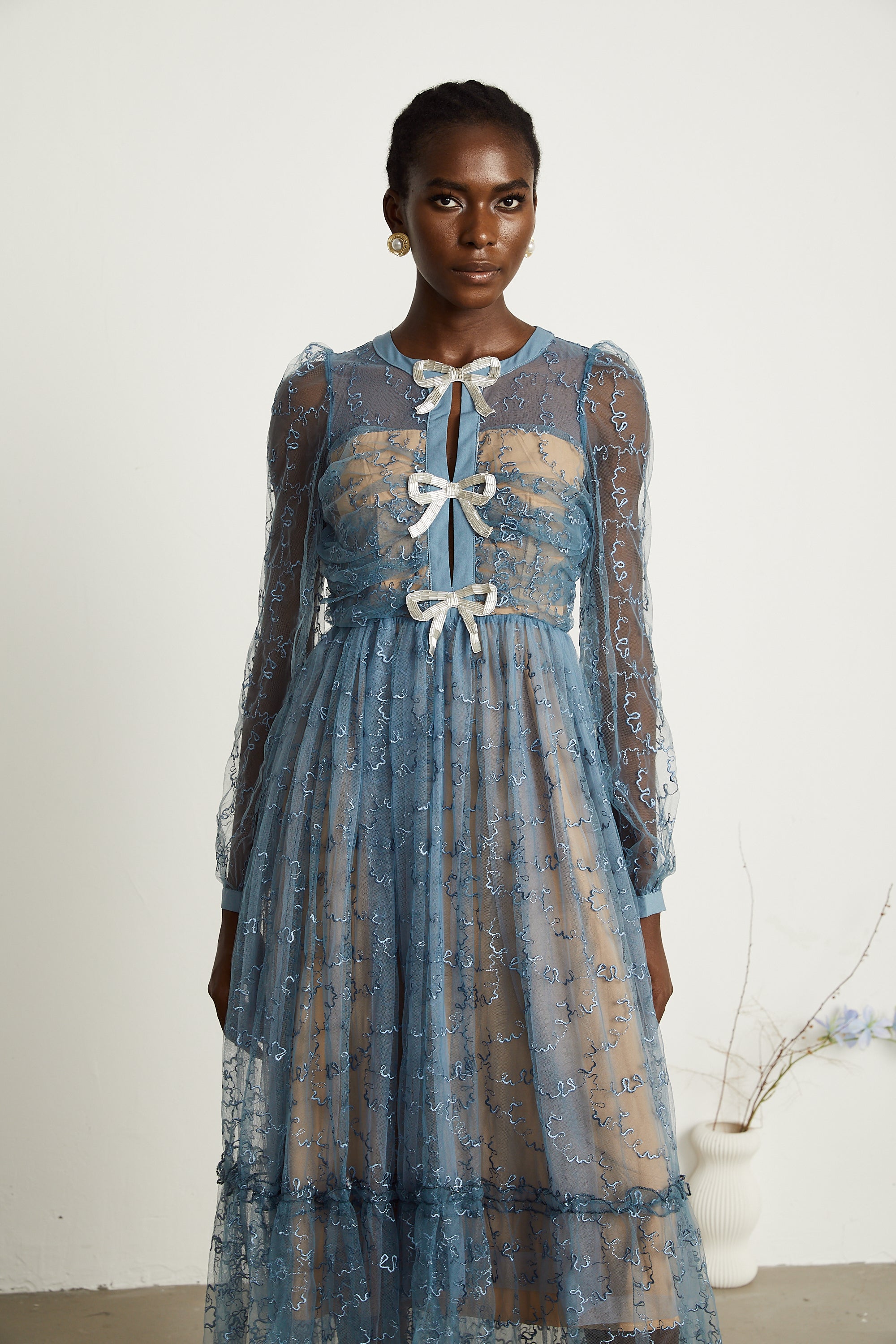 Sabrina blue bow-detail tulle midi dress