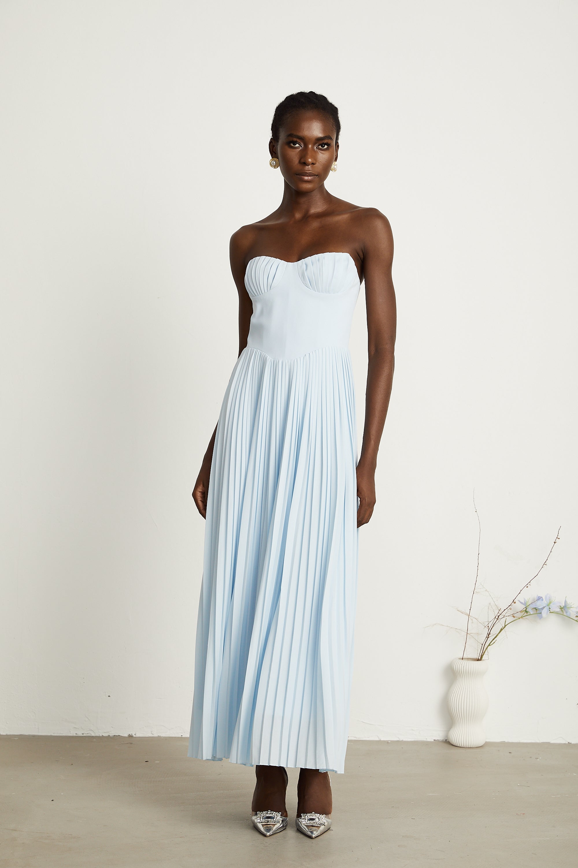 Carlotta blue pleated corset maxi dress