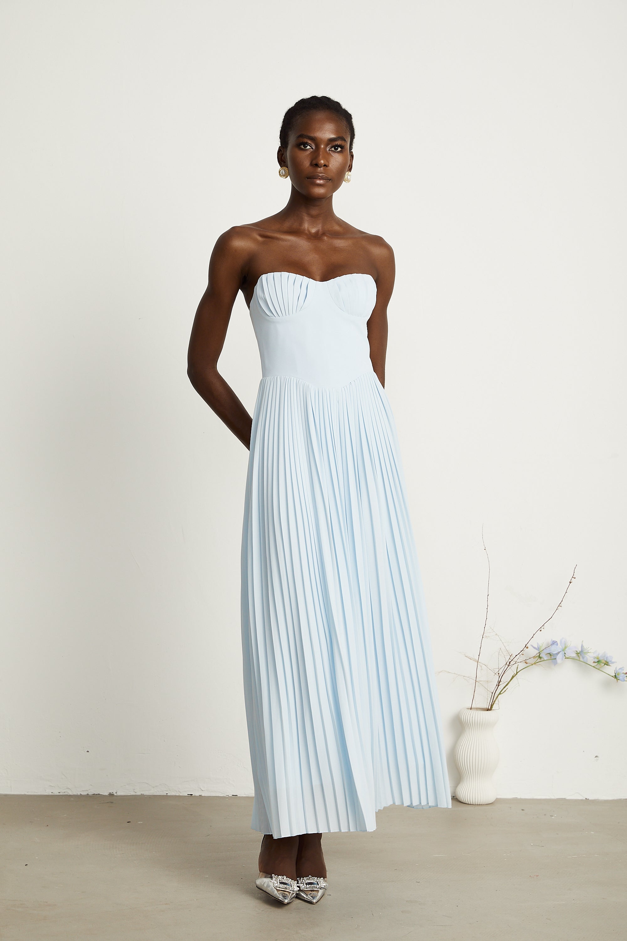 Carlotta blue pleated corset maxi dress