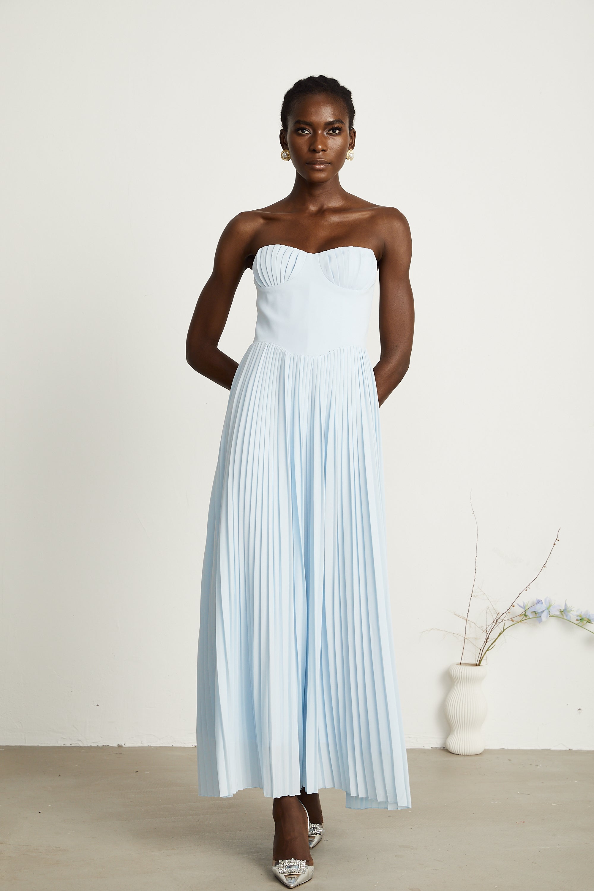 Carlotta blue pleated corset maxi dress