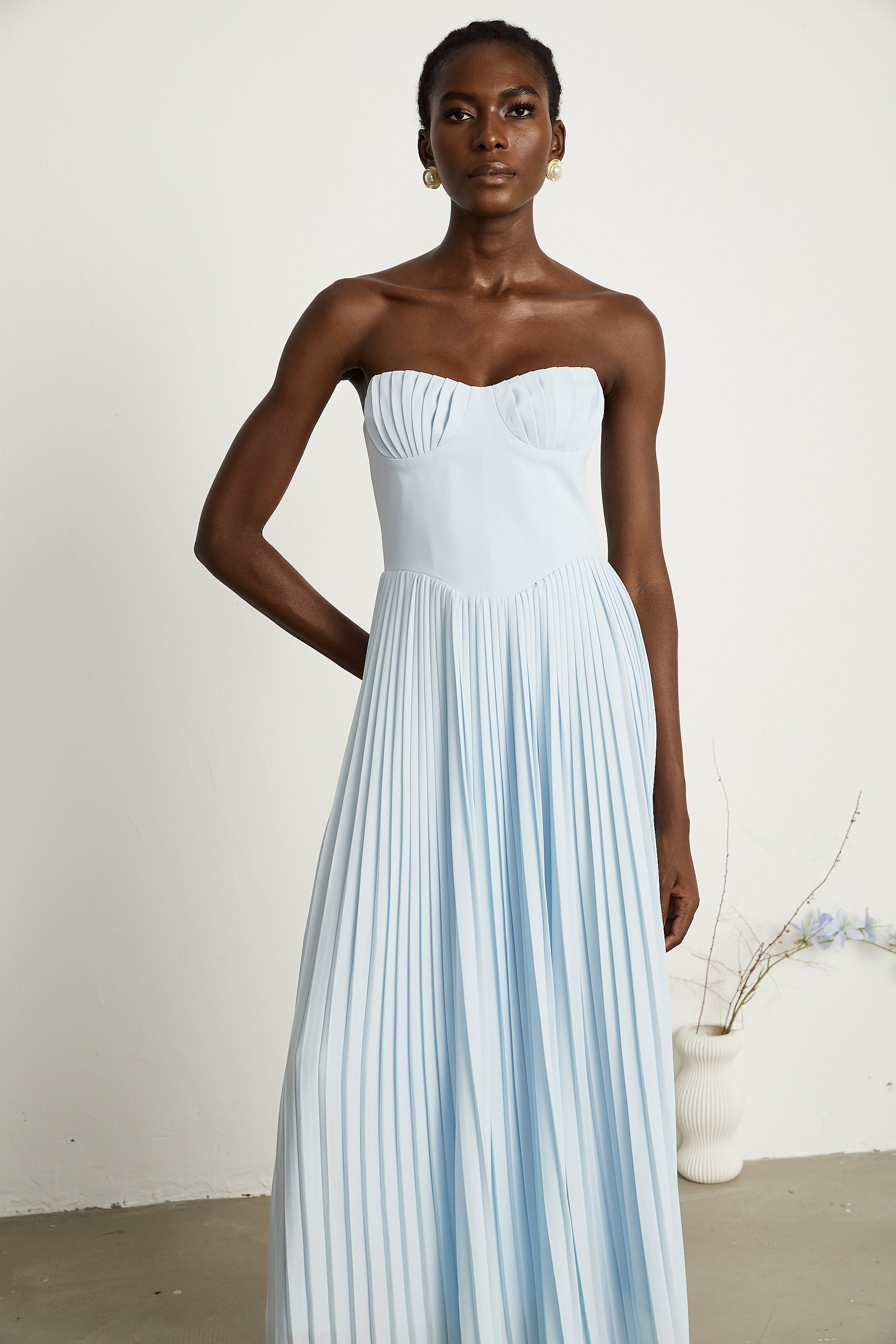 Carlotta blue pleated corset maxi dress