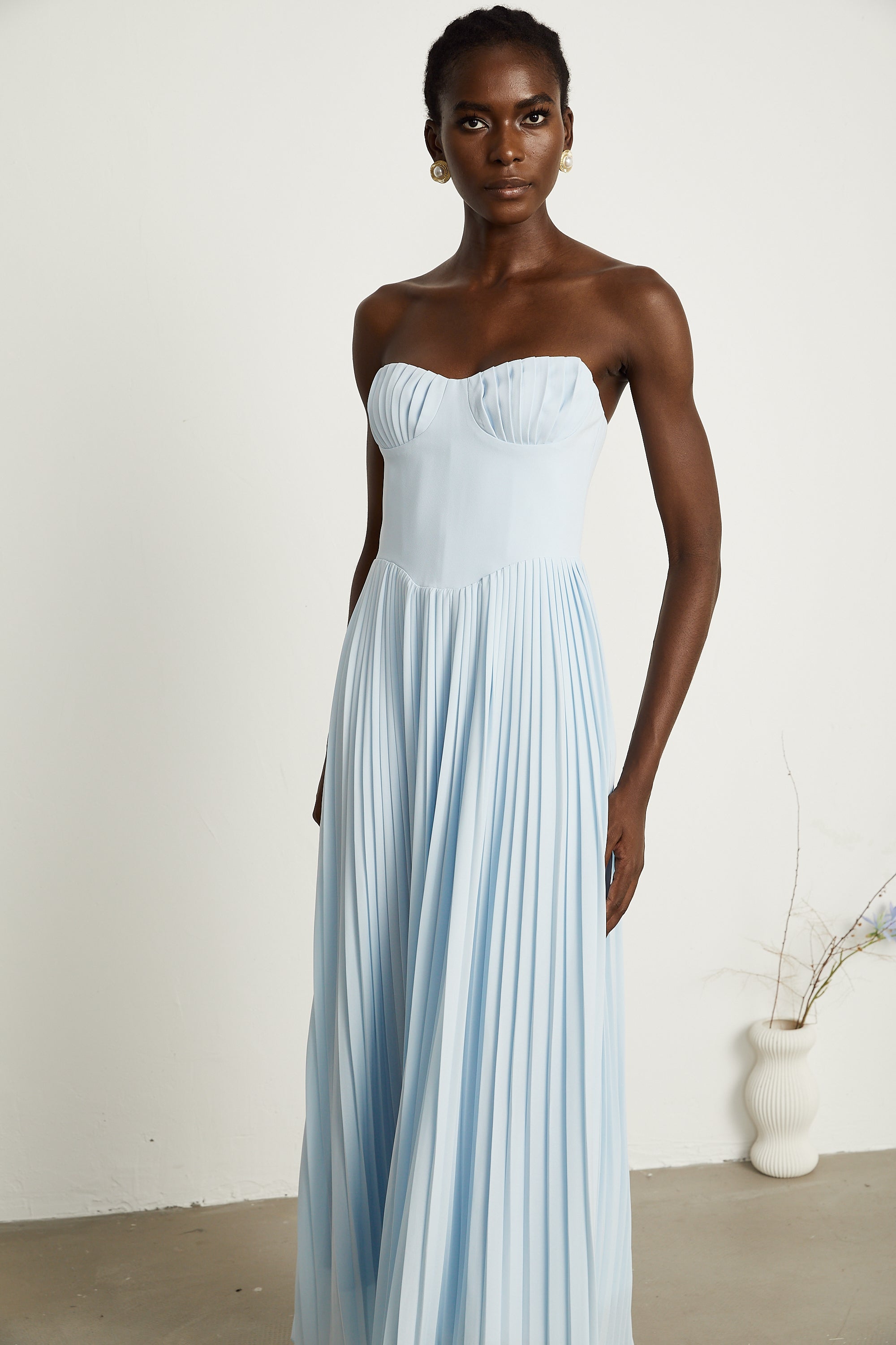 Carlotta blue pleated corset maxi dress