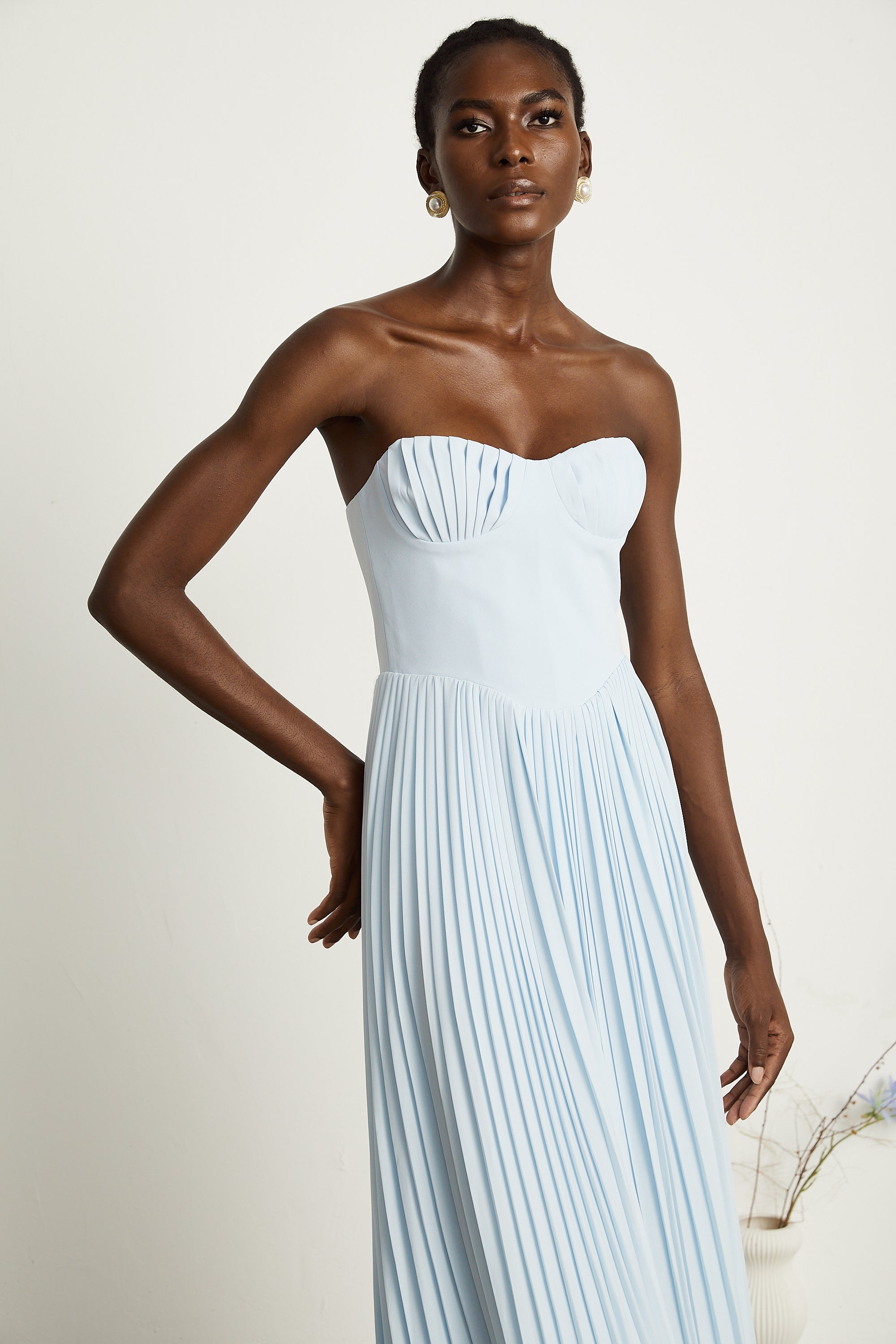 Carlotta blue pleated corset maxi dress