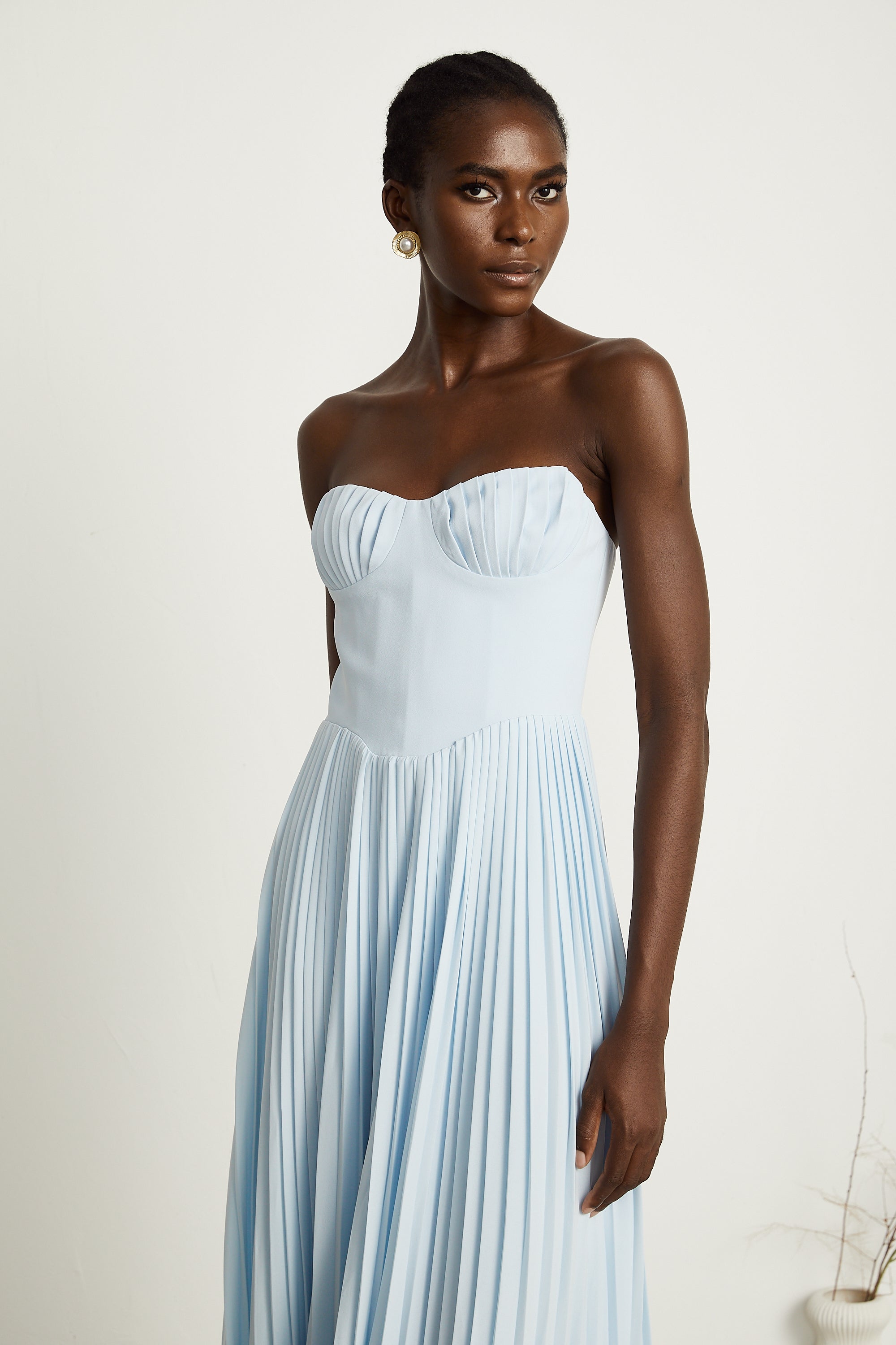 Carlotta blue pleated corset maxi dress