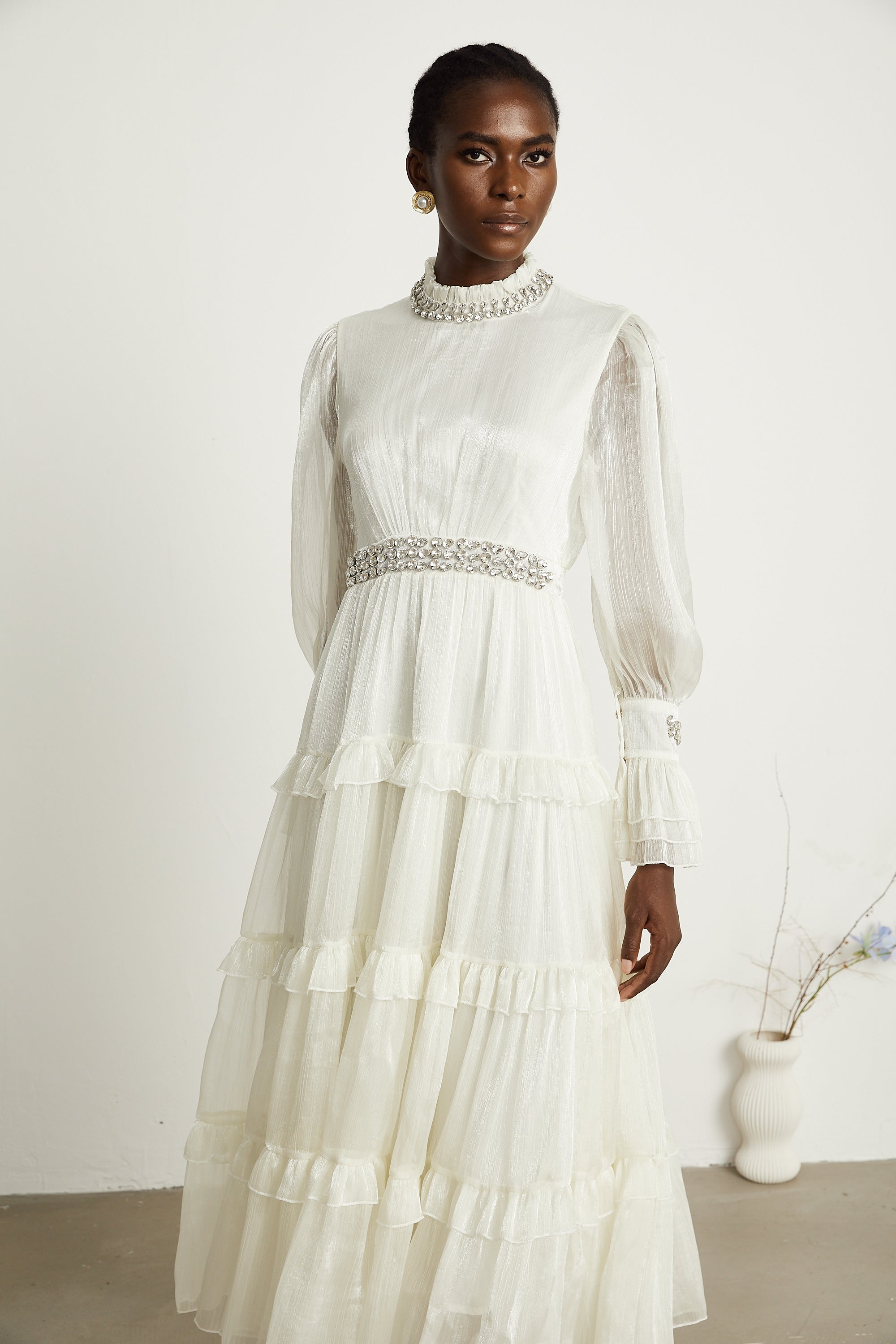 Raphaëlle crystal-embellished tiered midi dress