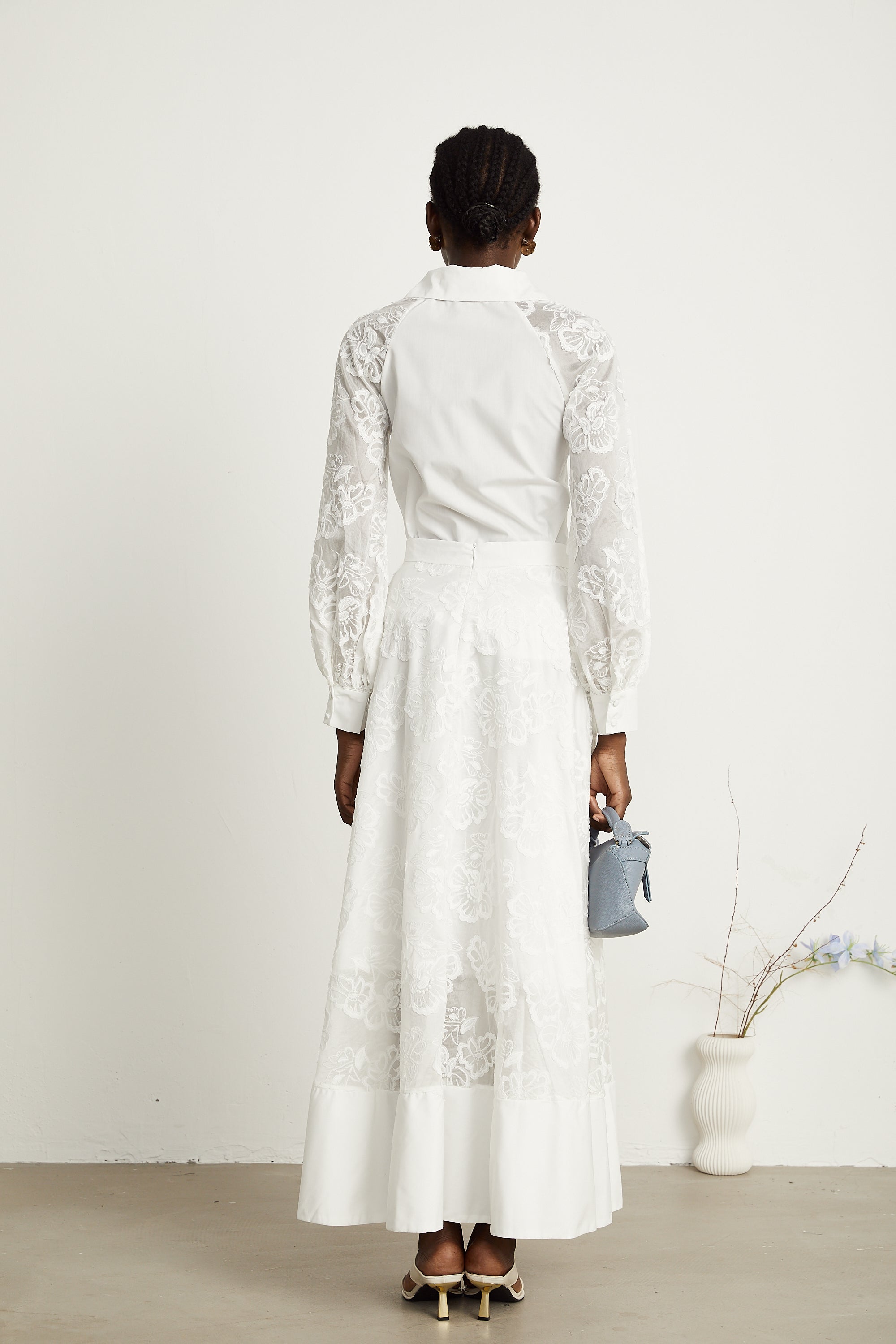 Coralie white guipure-lace shirt & skirt matching set