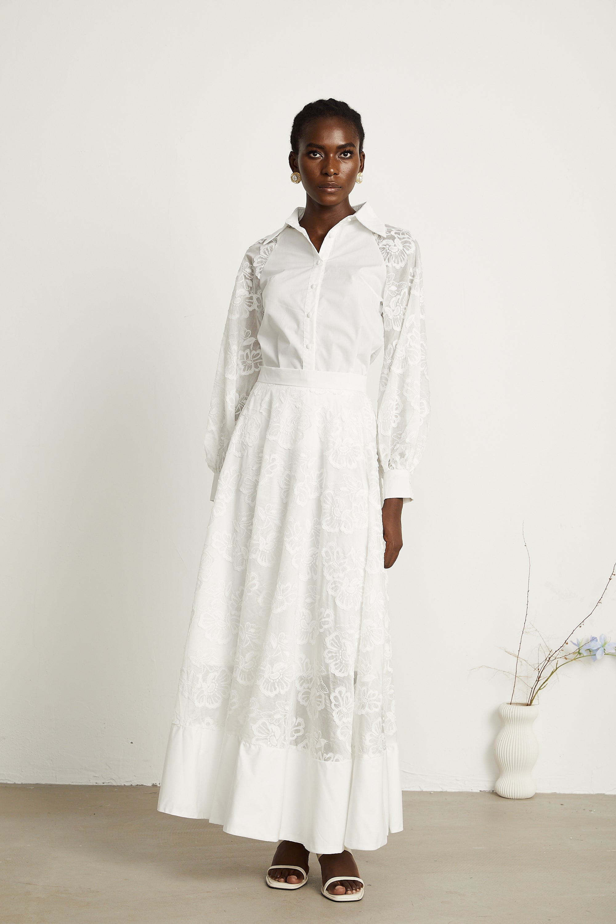 Coralie white guipure-lace shirt & skirt matching set