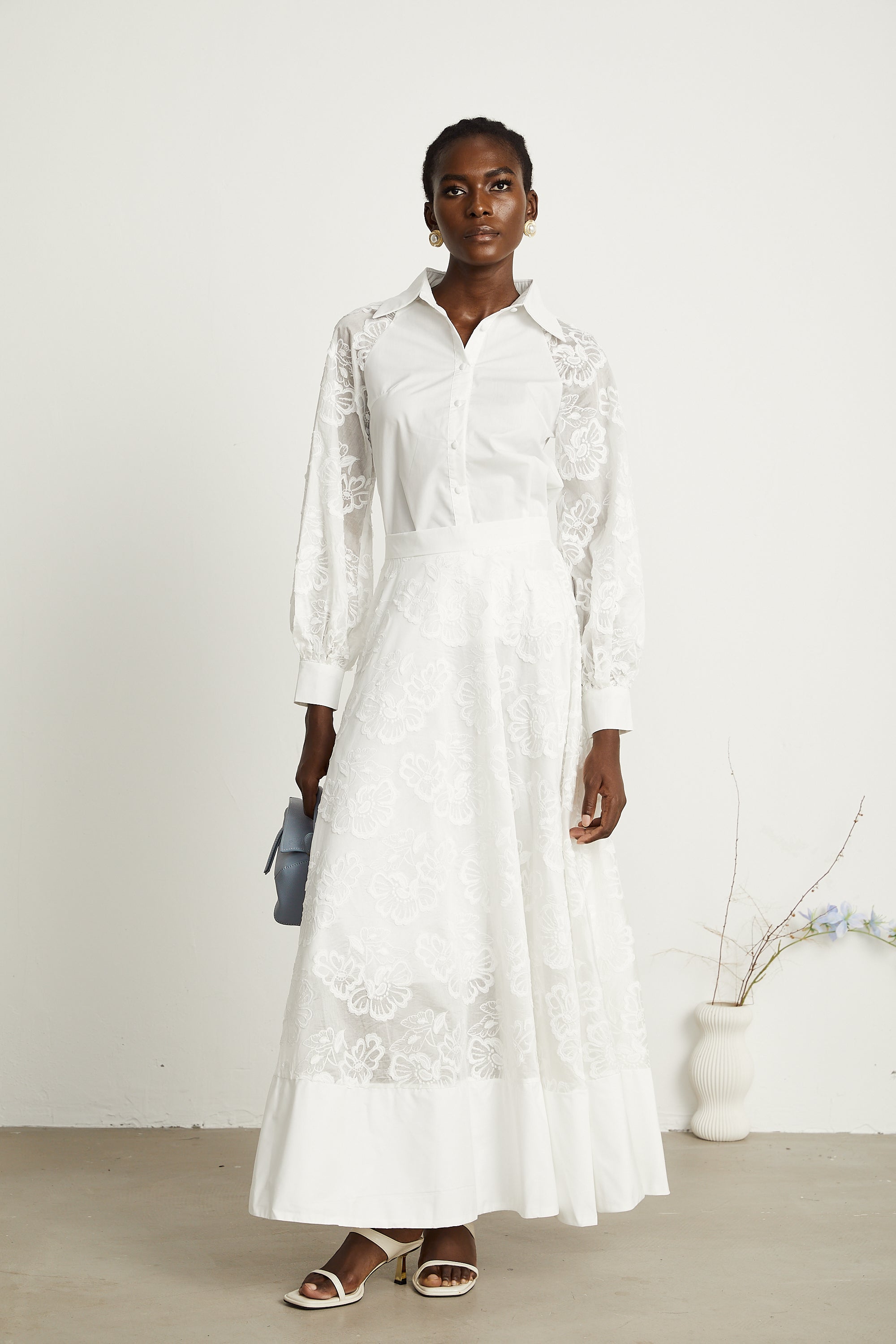 Coralie white guipure-lace shirt & skirt matching set