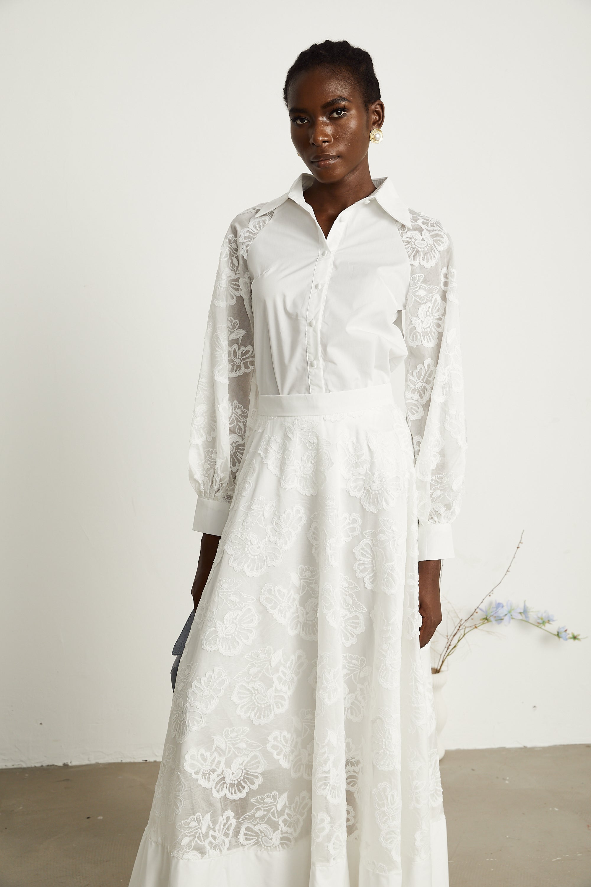 Coralie white guipure-lace shirt & skirt matching set