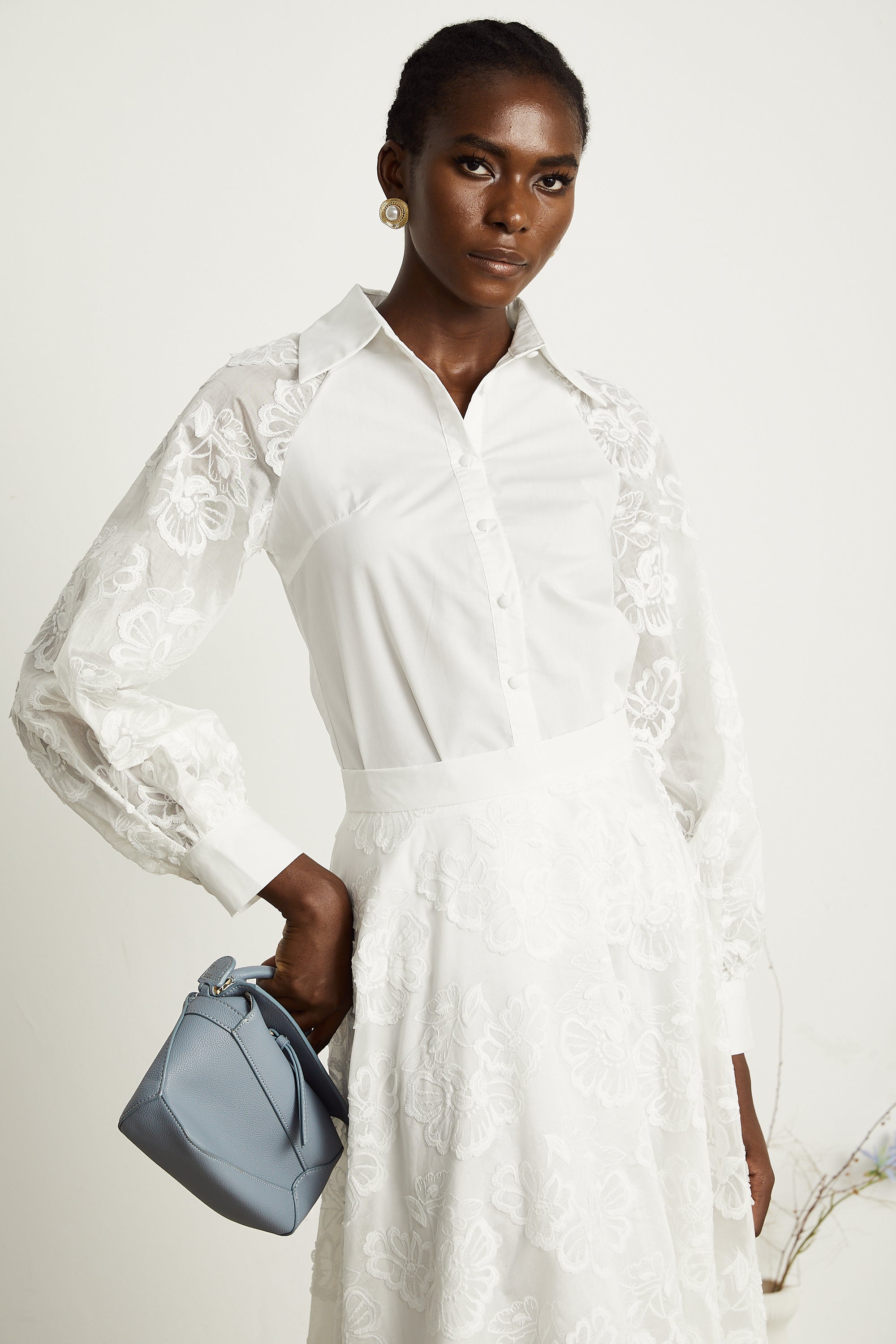 Coralie white guipure-lace shirt & skirt matching set