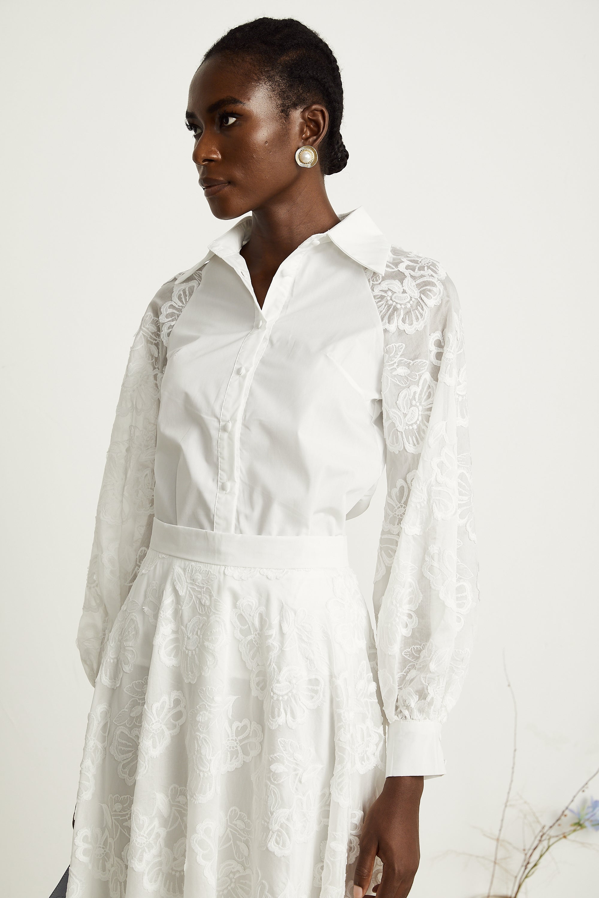 Coralie white guipure-lace shirt & skirt matching set