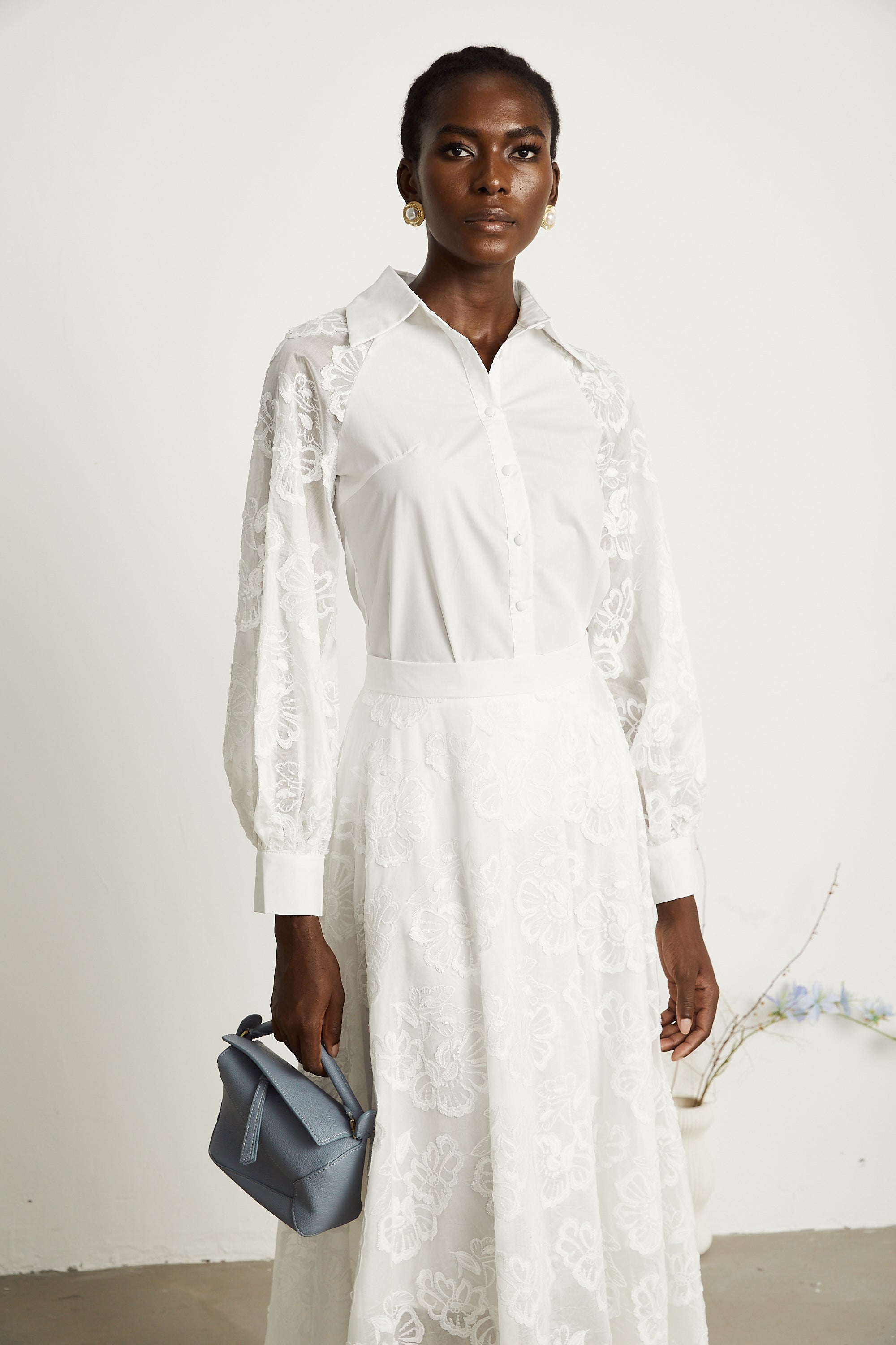 Coralie white guipure-lace shirt & skirt matching set