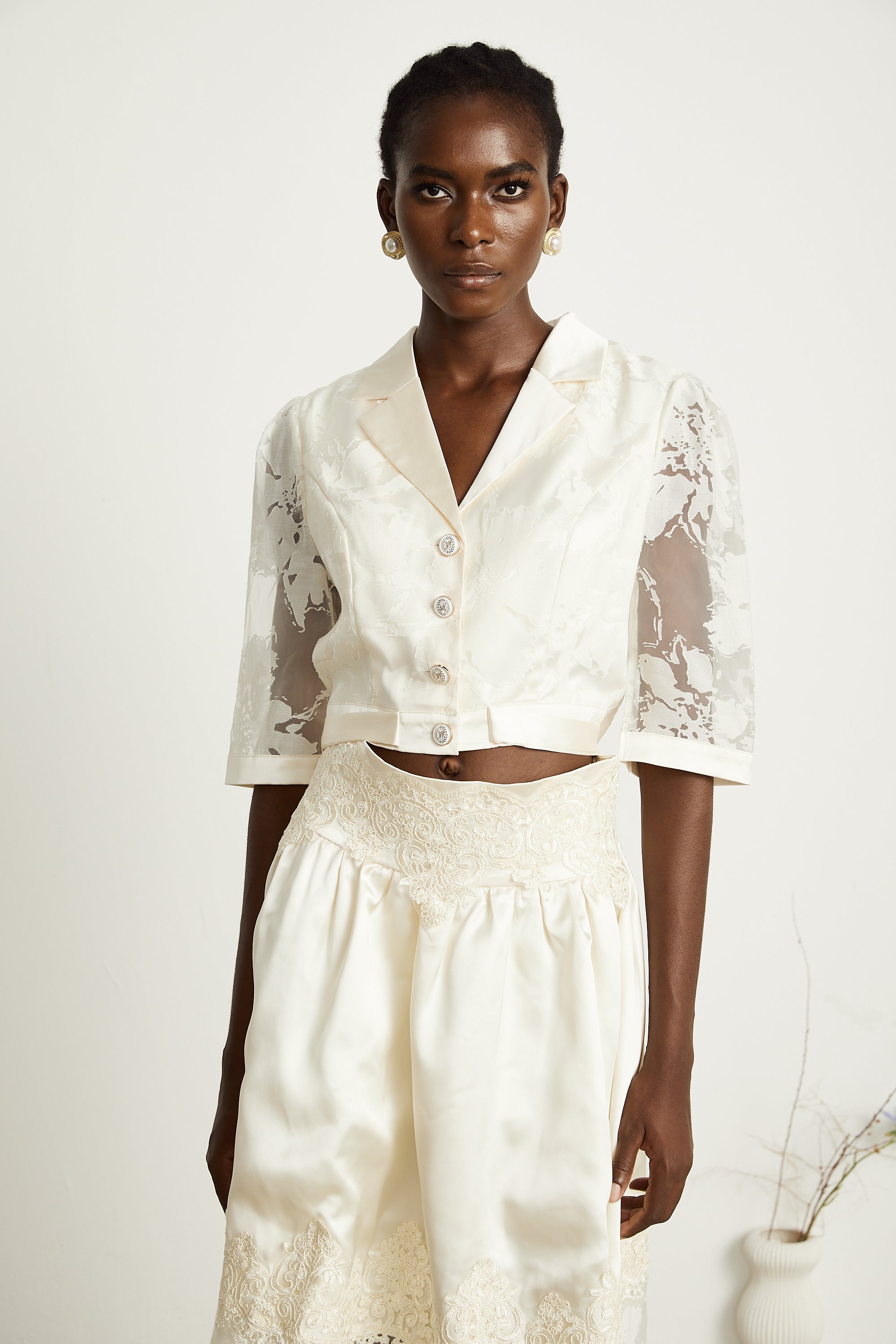 Vanessa tulle-panel semi-sheer shirt & skirt matching set