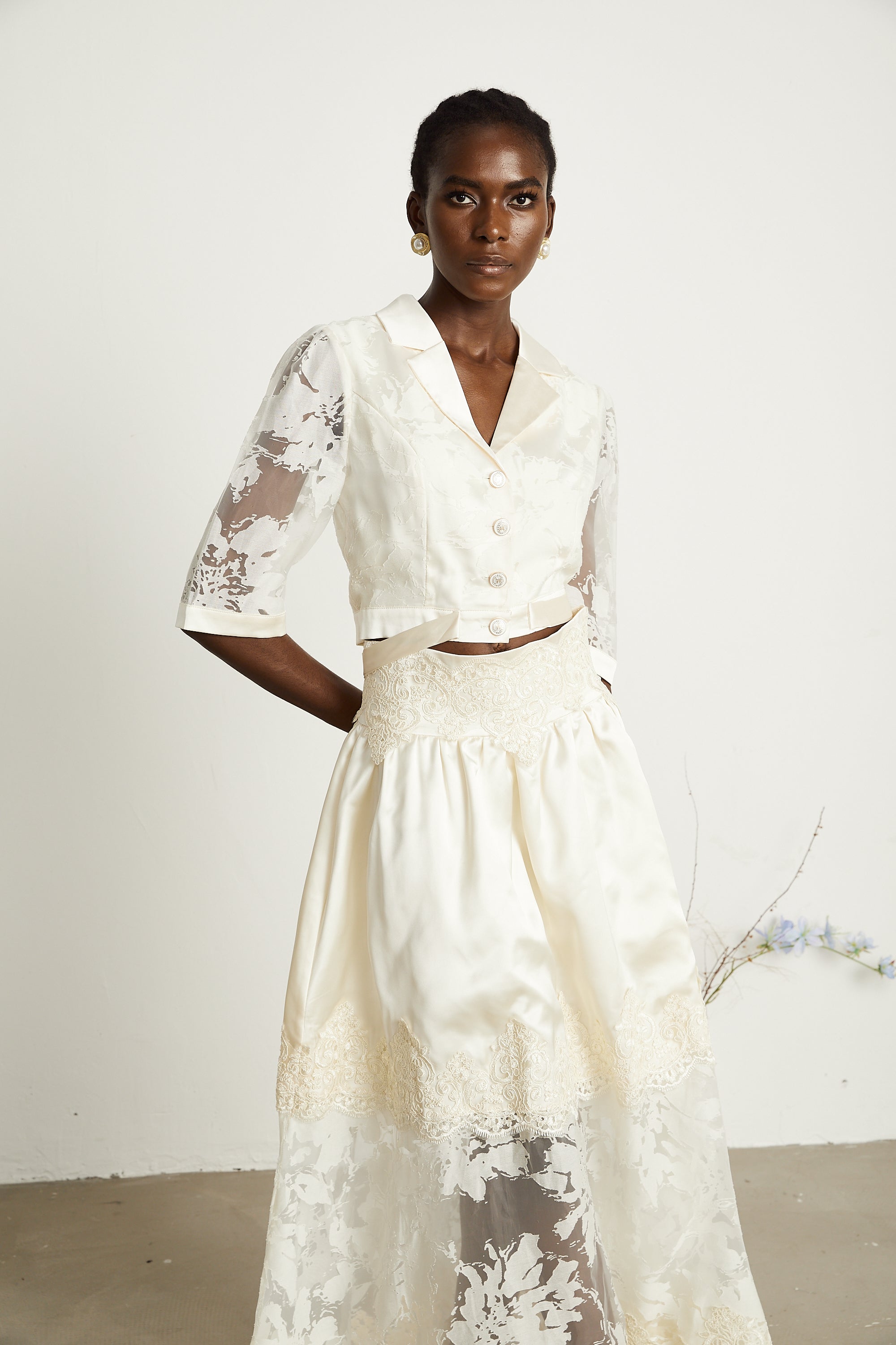 Vanessa tulle-panel semi-sheer shirt & skirt matching set