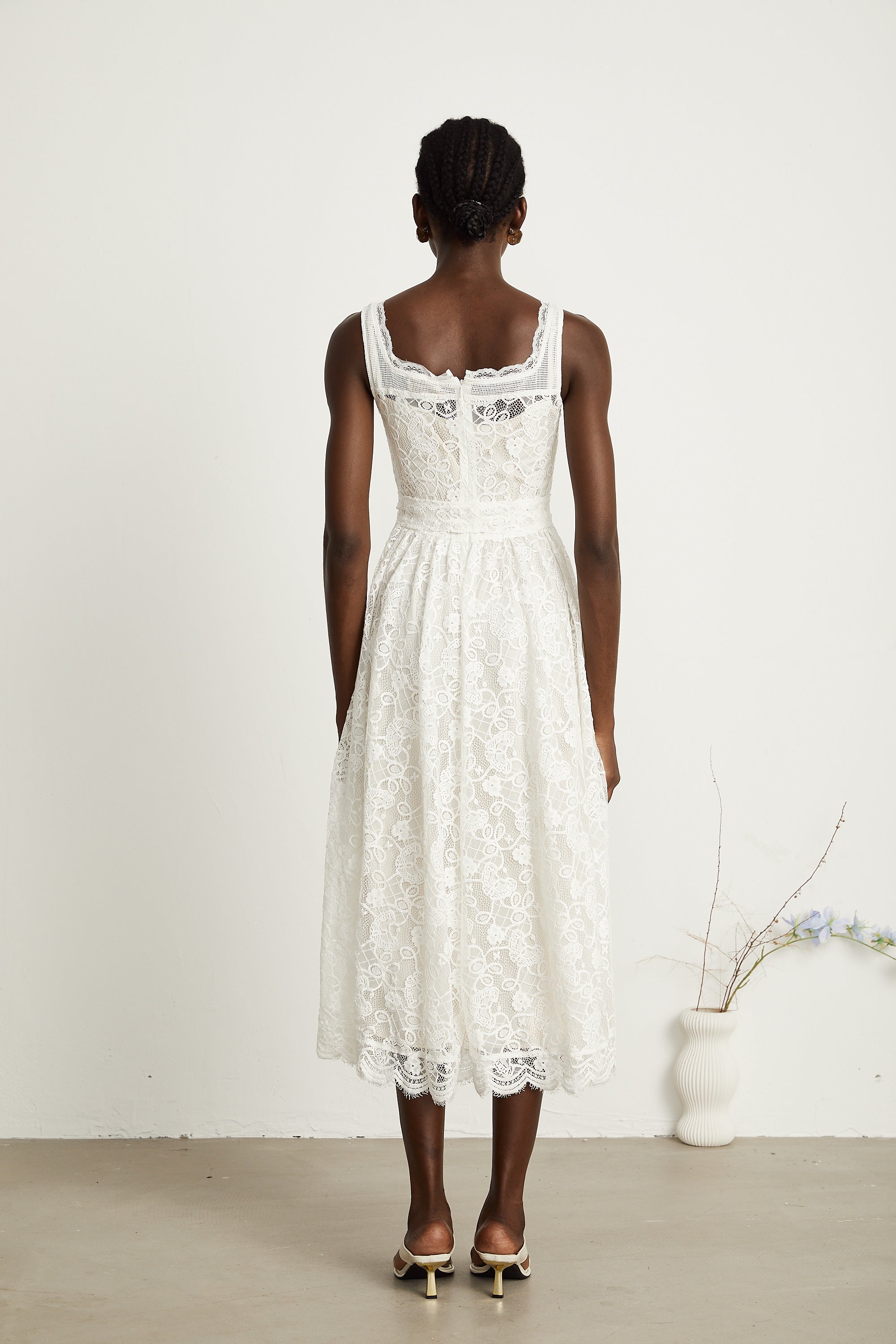 Calixte white lace-embroidery midi dress