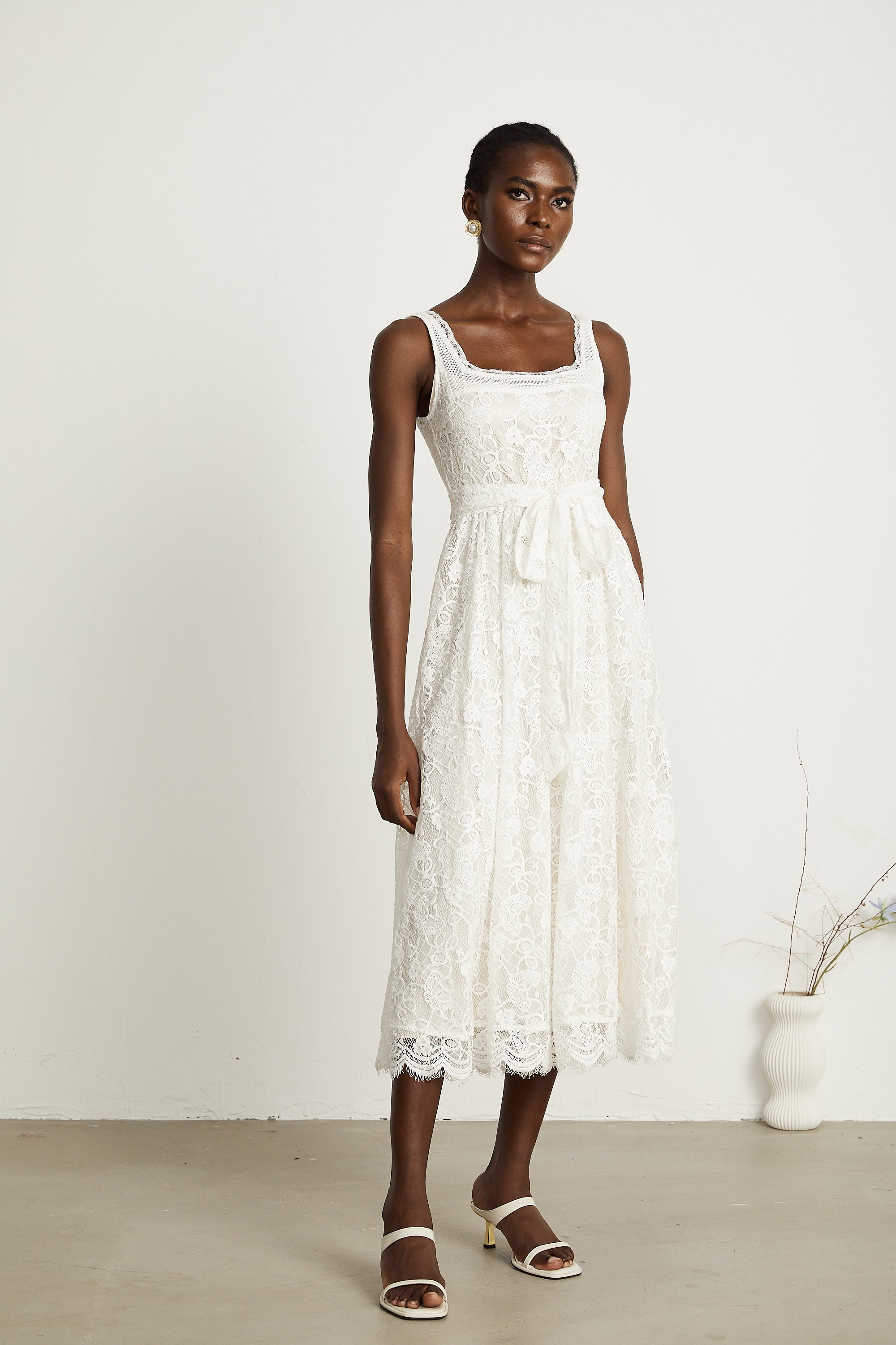 Calixte white lace-embroidery midi dress