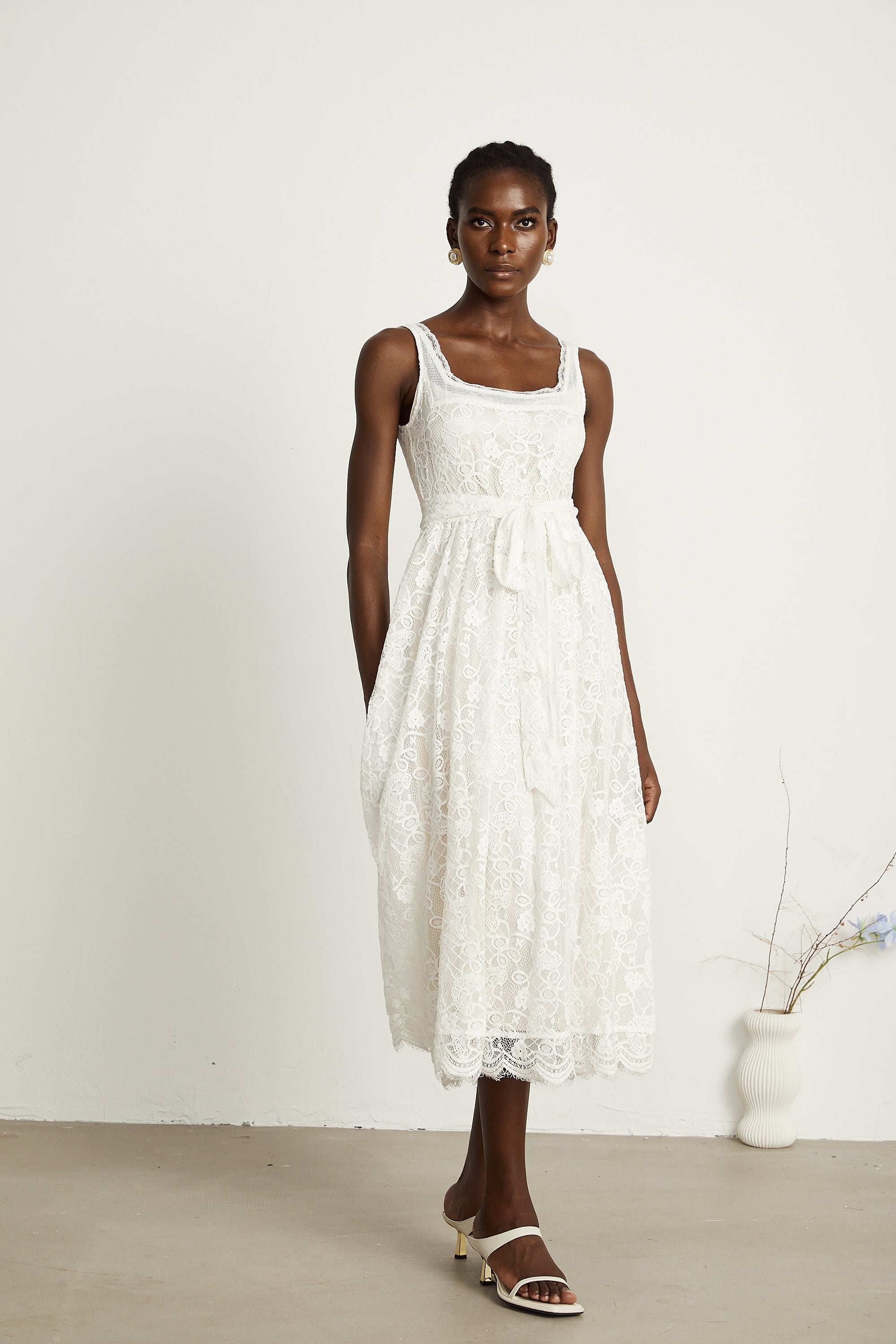 Calixte white lace-embroidery midi dress