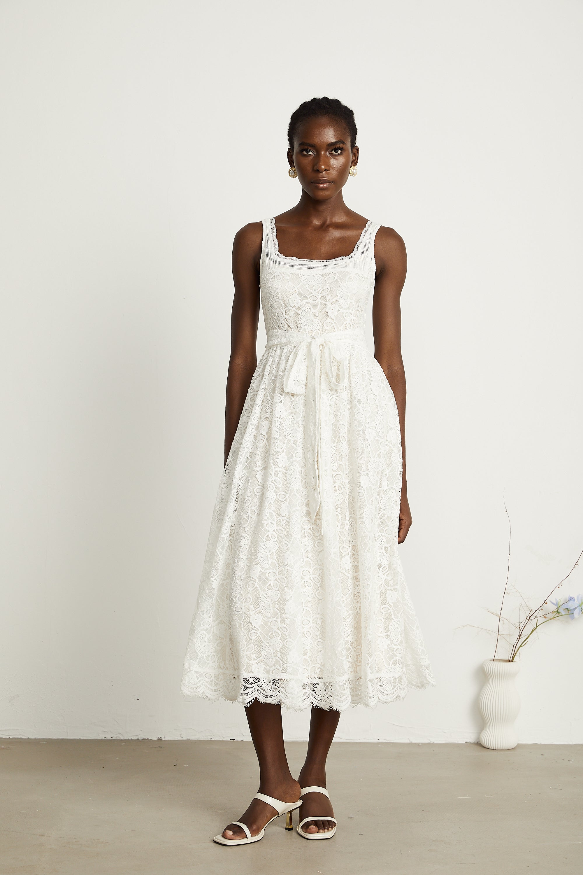 Calixte white lace-embroidery midi dress