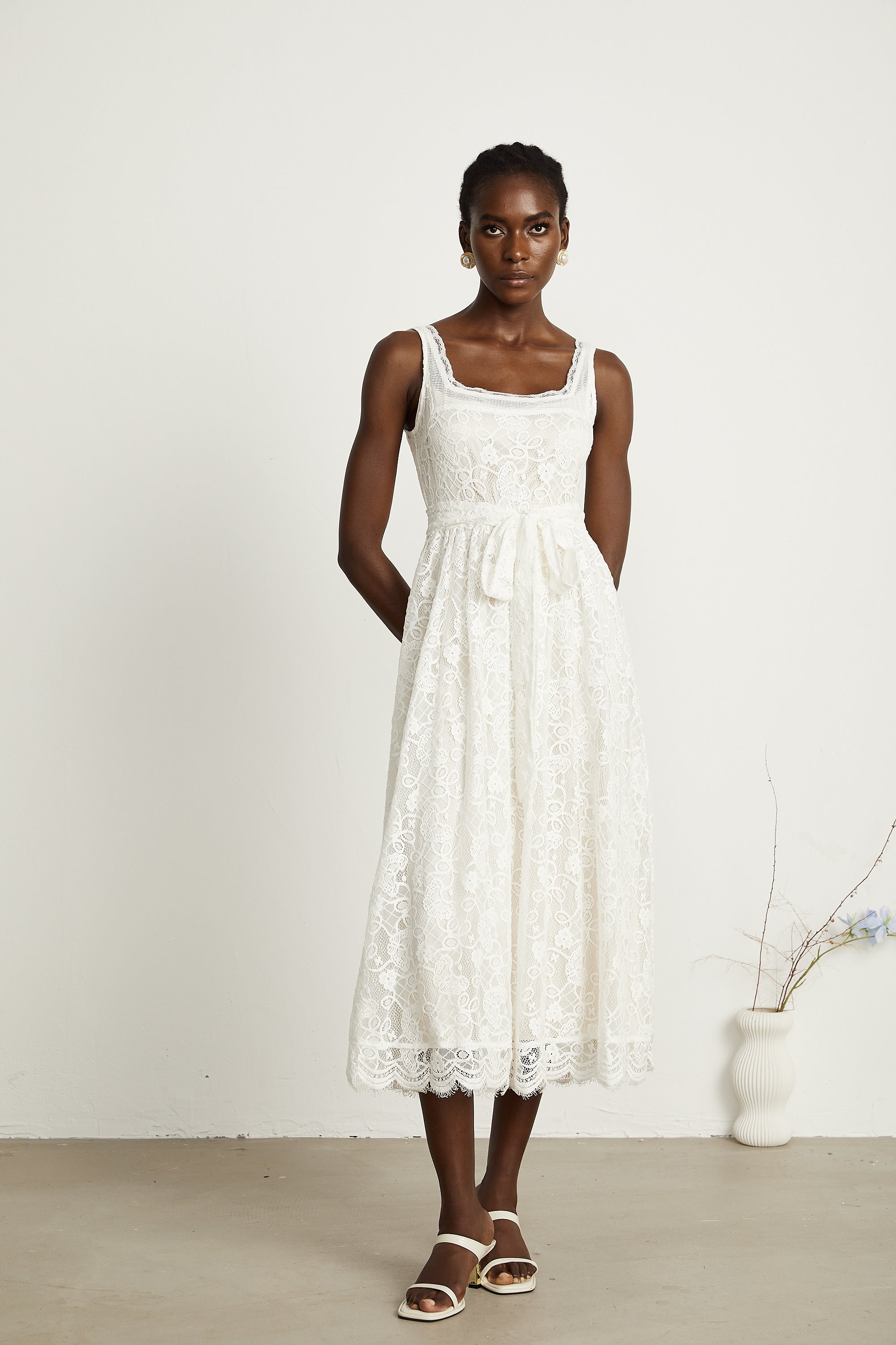 Calixte white lace-embroidery midi dress