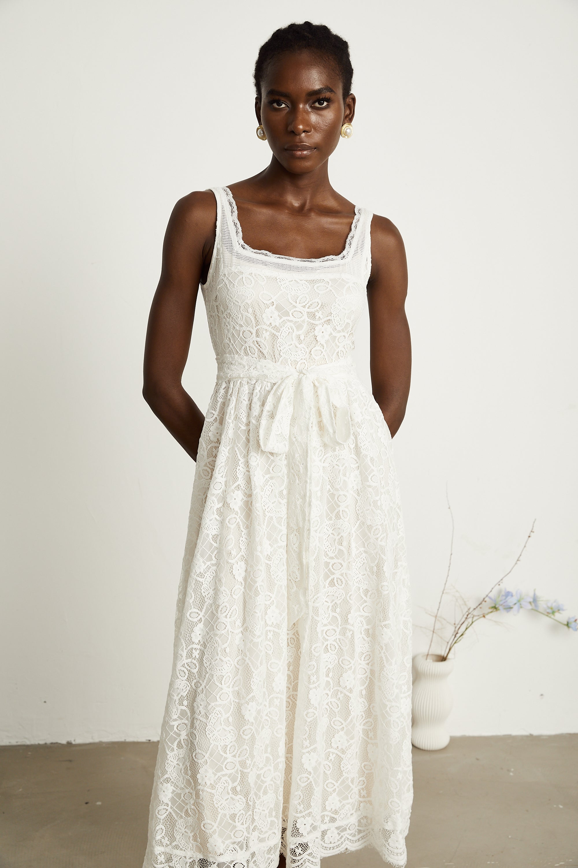 Calixte white lace-embroidery midi dress