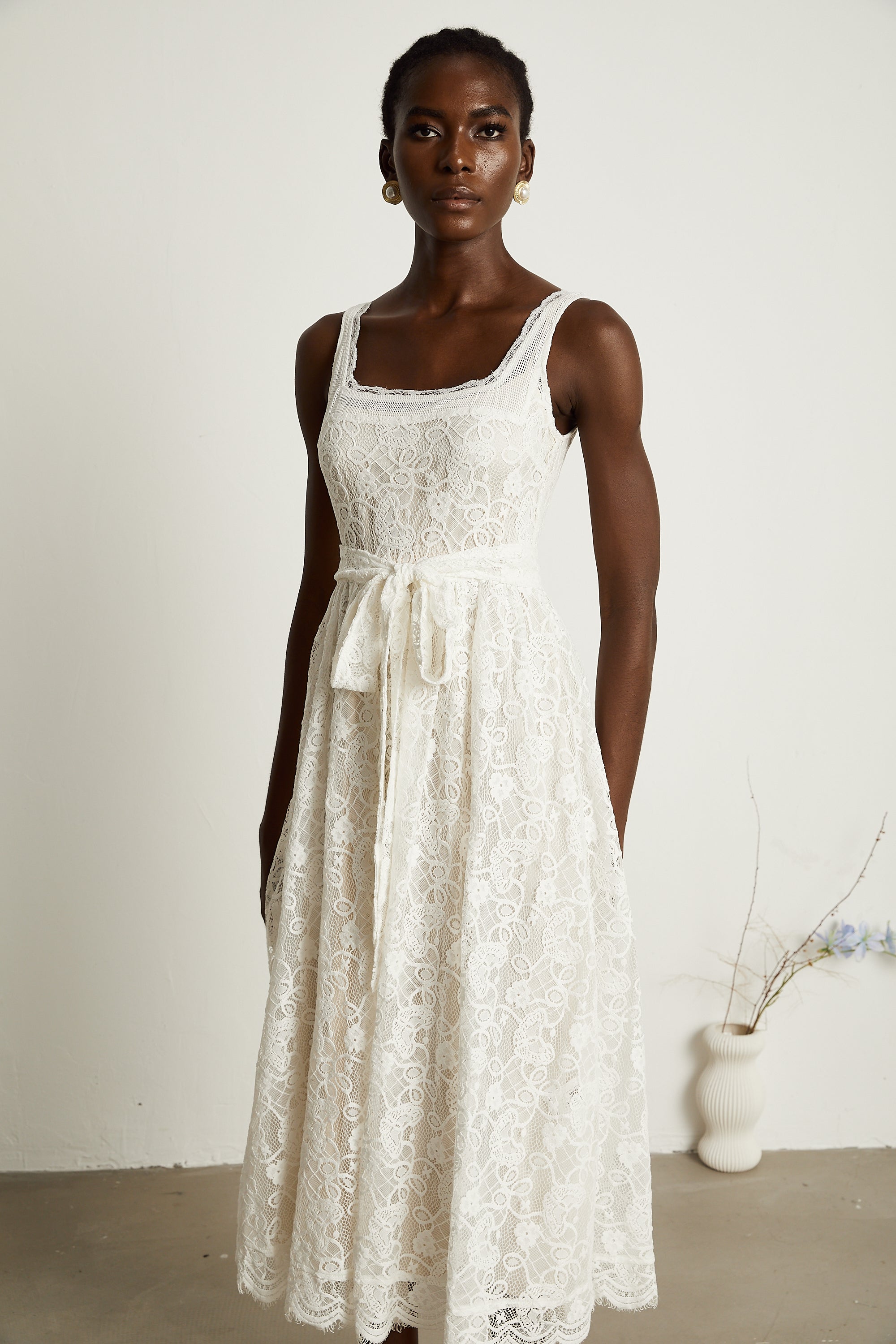 Calixte white lace-embroidery midi dress