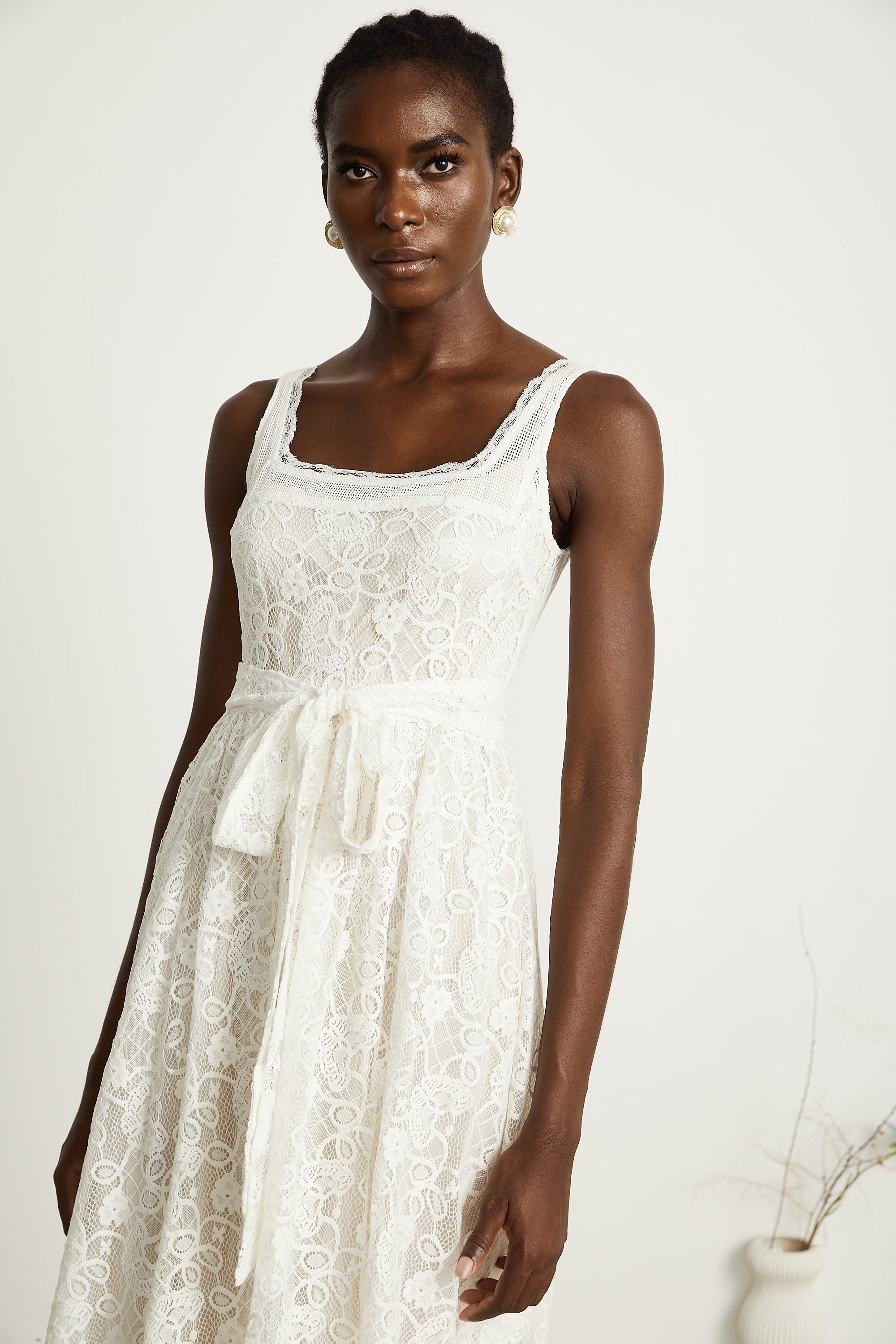 Calixte white lace-embroidery midi dress