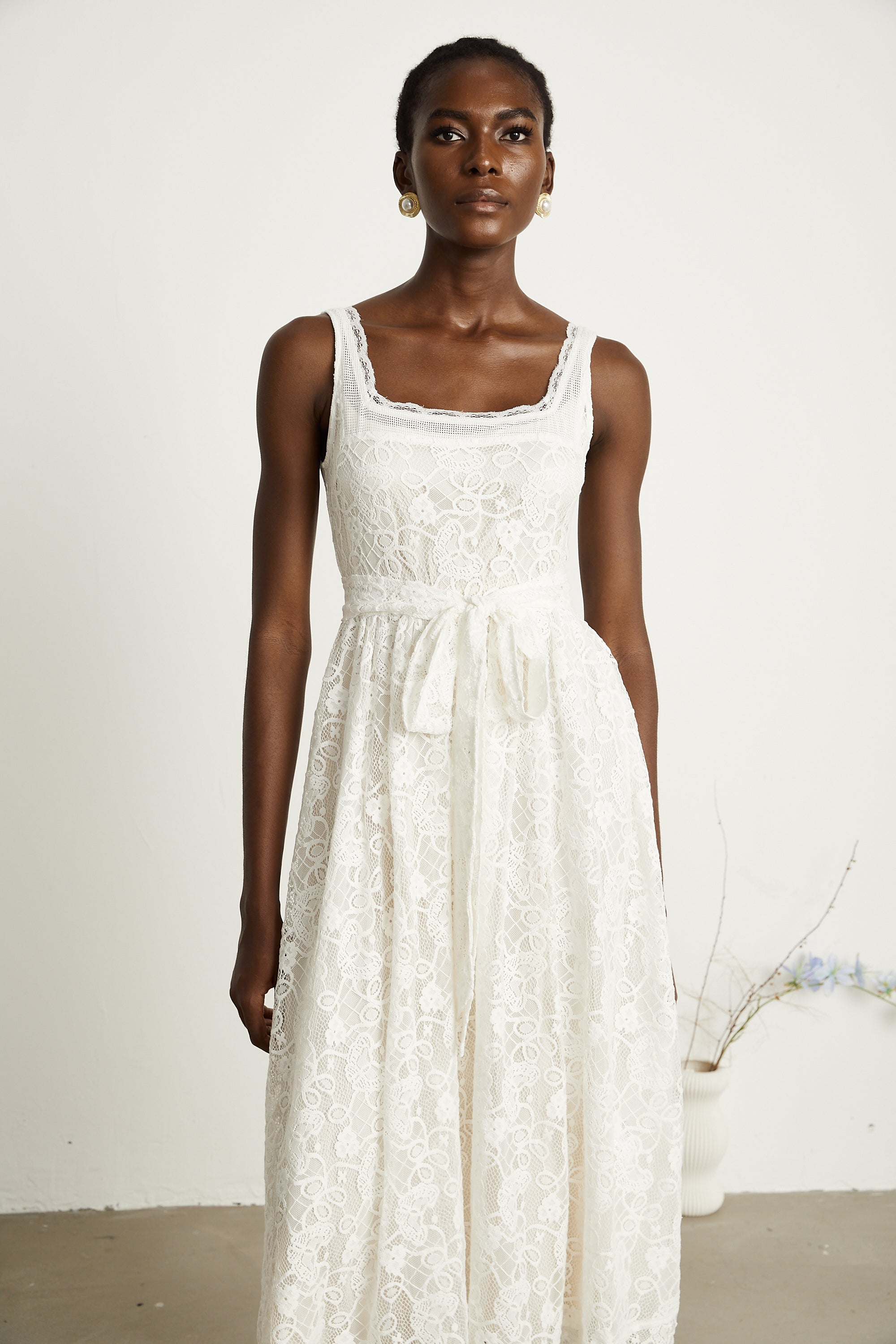 Calixte white lace-embroidery midi dress