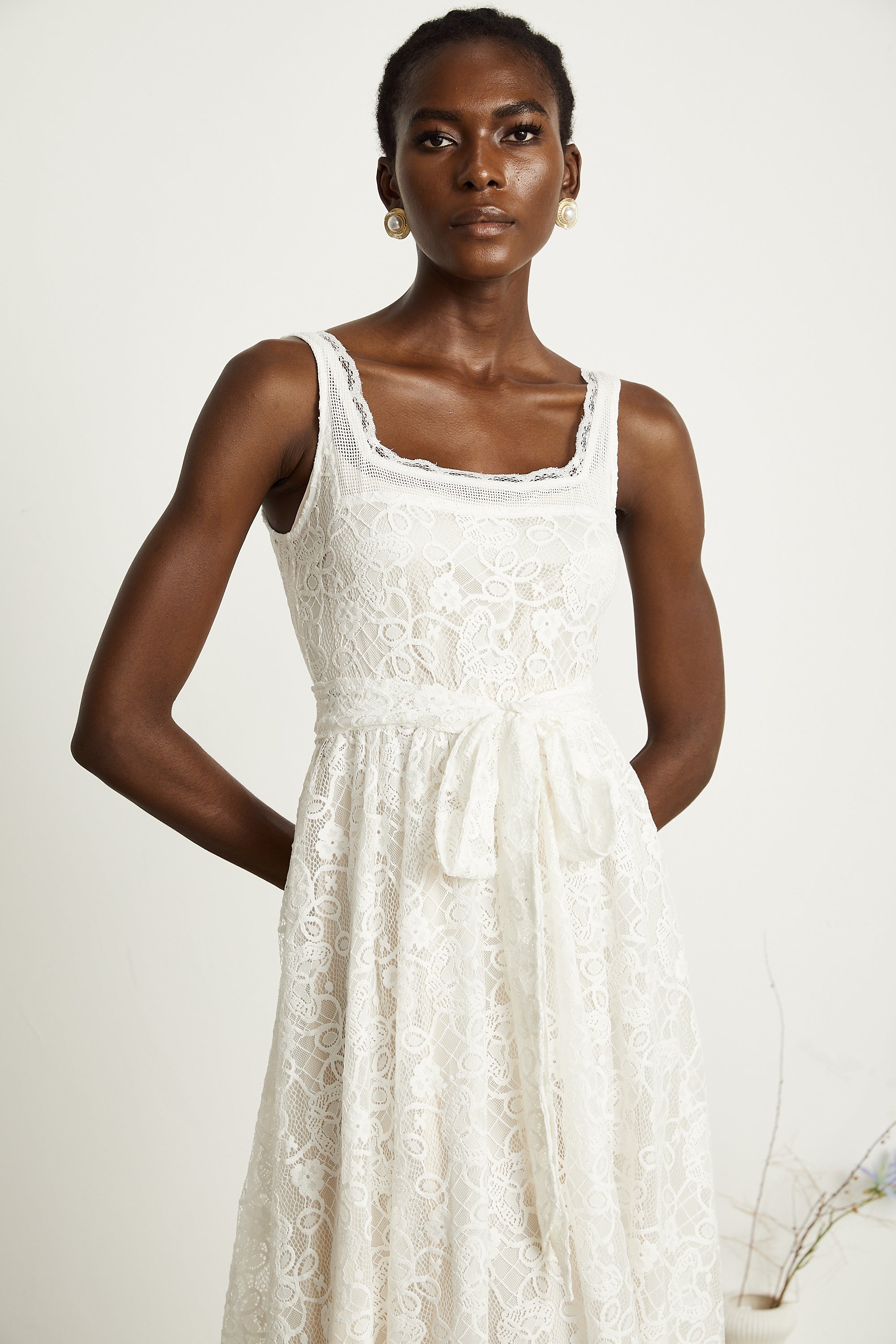 Calixte white lace-embroidery midi dress