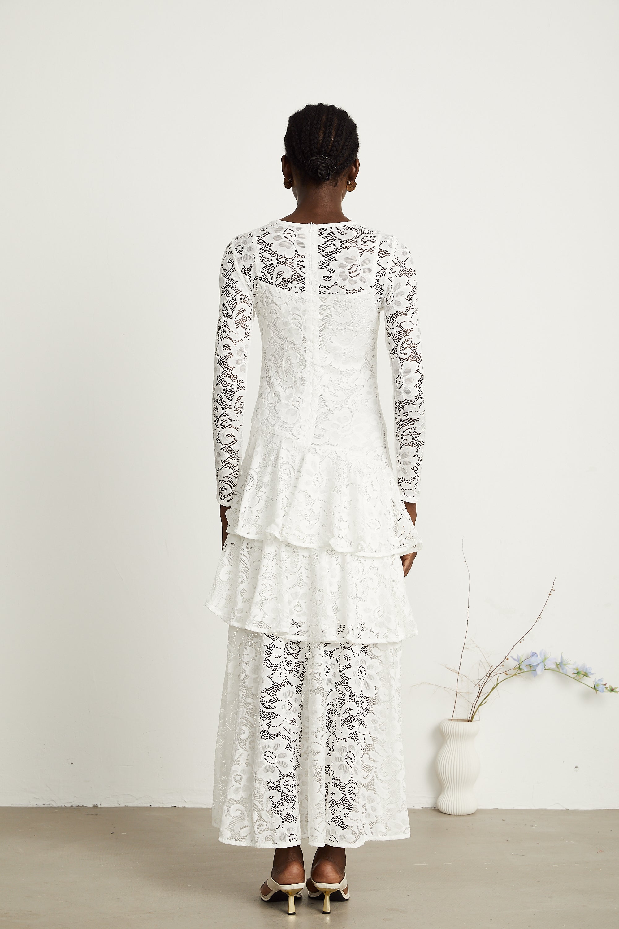 Liana white lace-embroidered midi dress