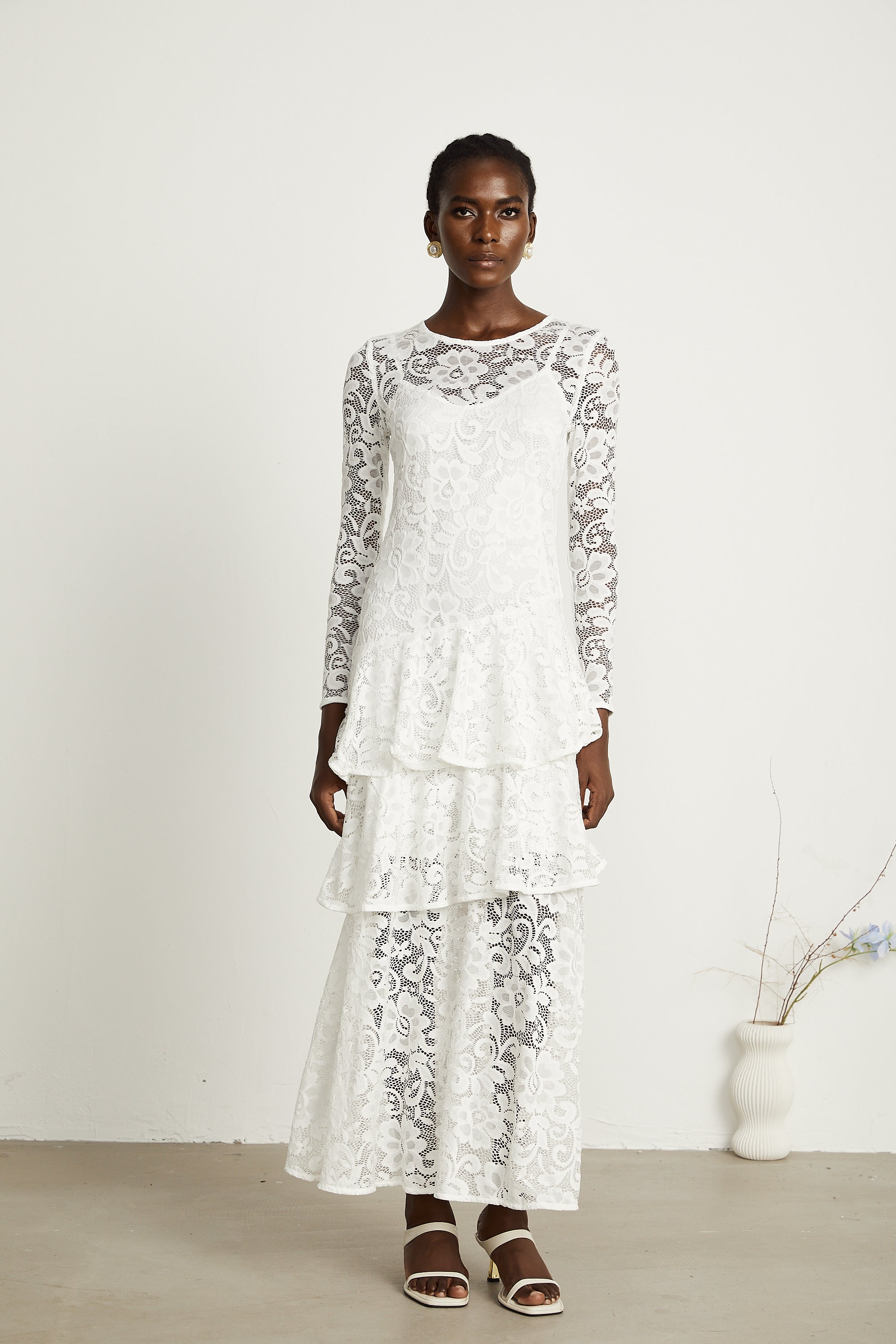 Liana white lace-embroidered midi dress