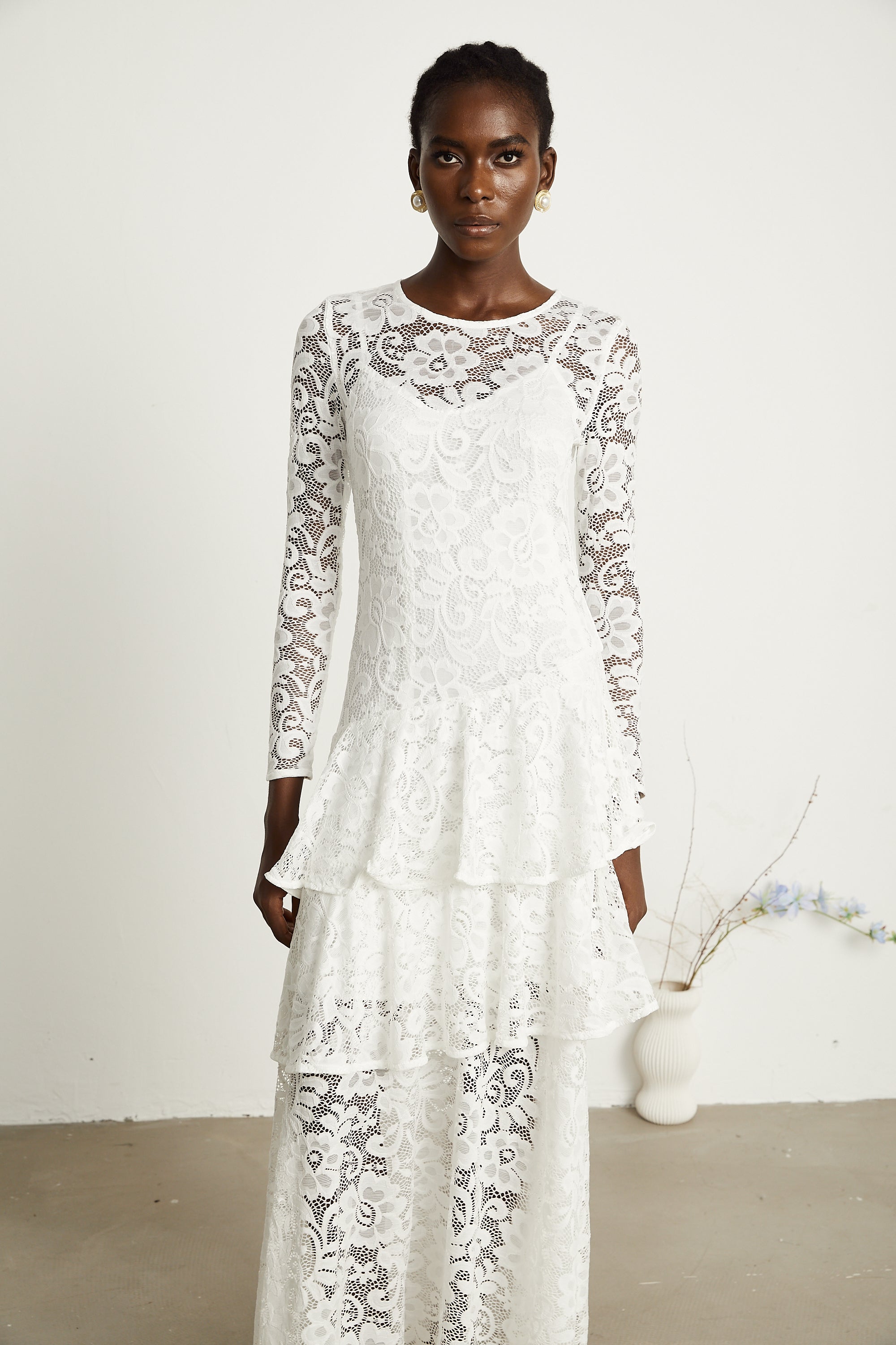 Liana white lace-embroidered midi dress