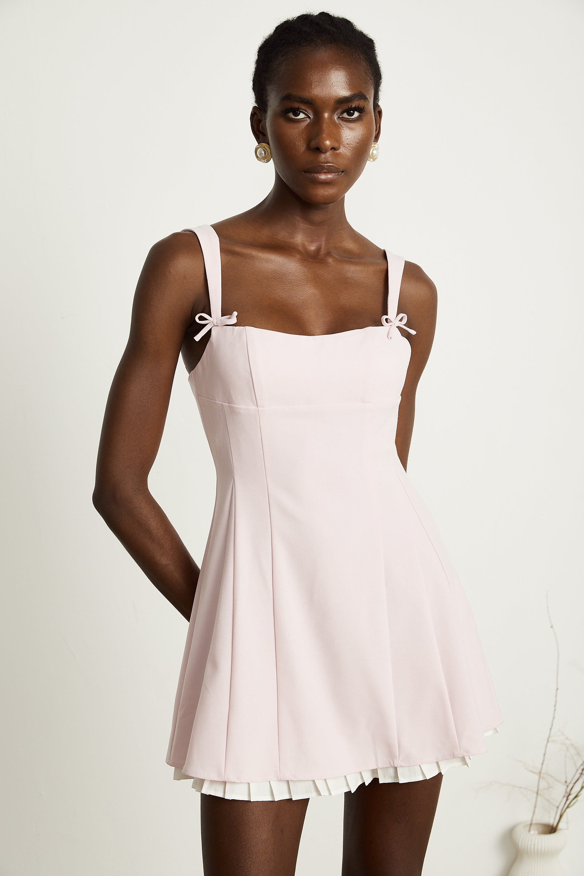 Émeline pink bowknot pleated mini dress