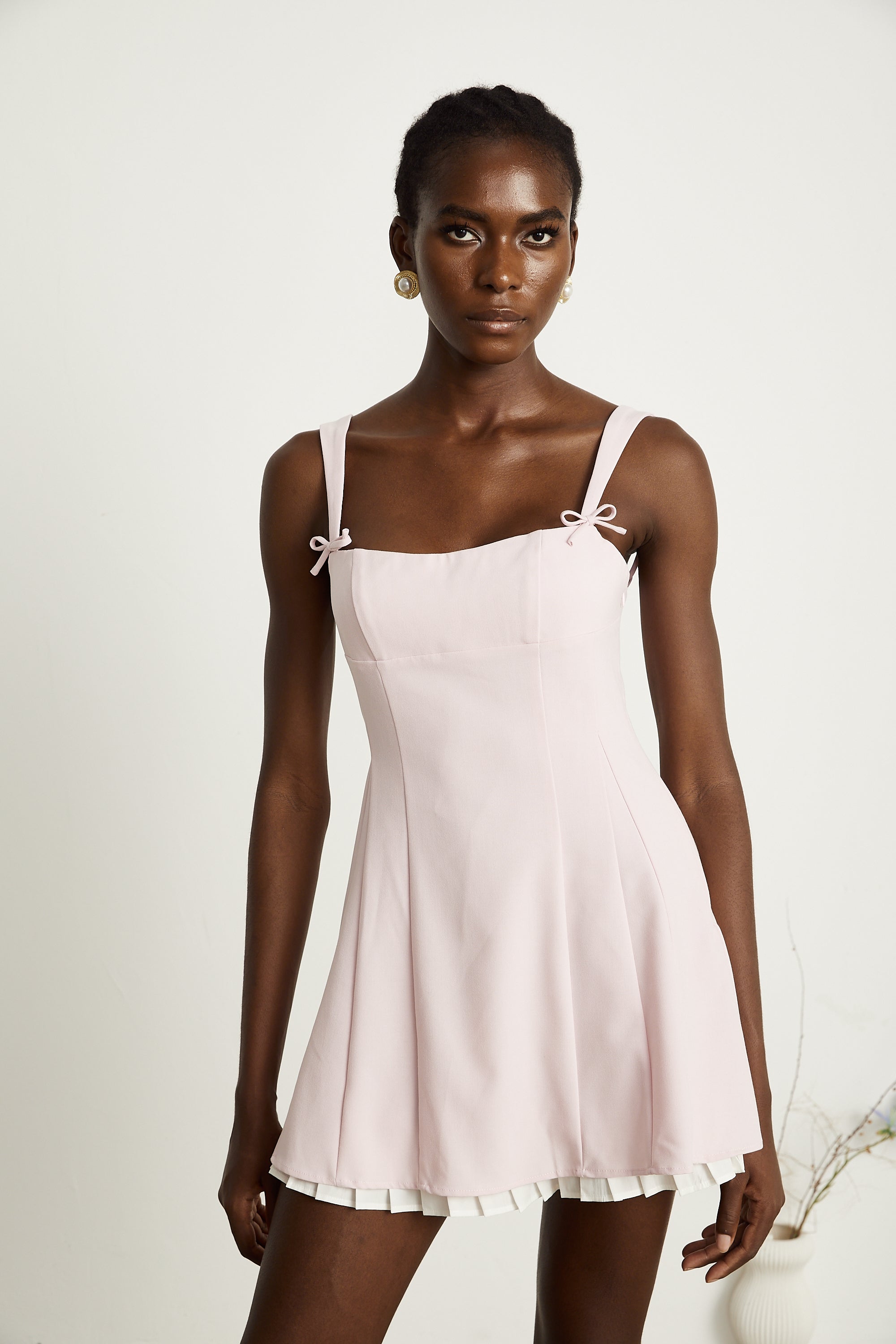 Émeline pink bowknot pleated mini dress