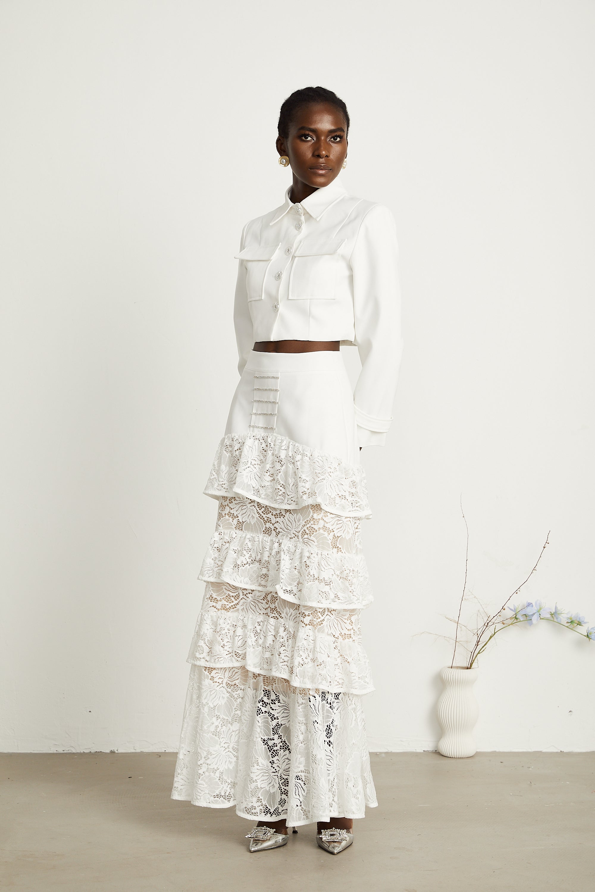 Zélie white lace-panel jacket & skirt matching set