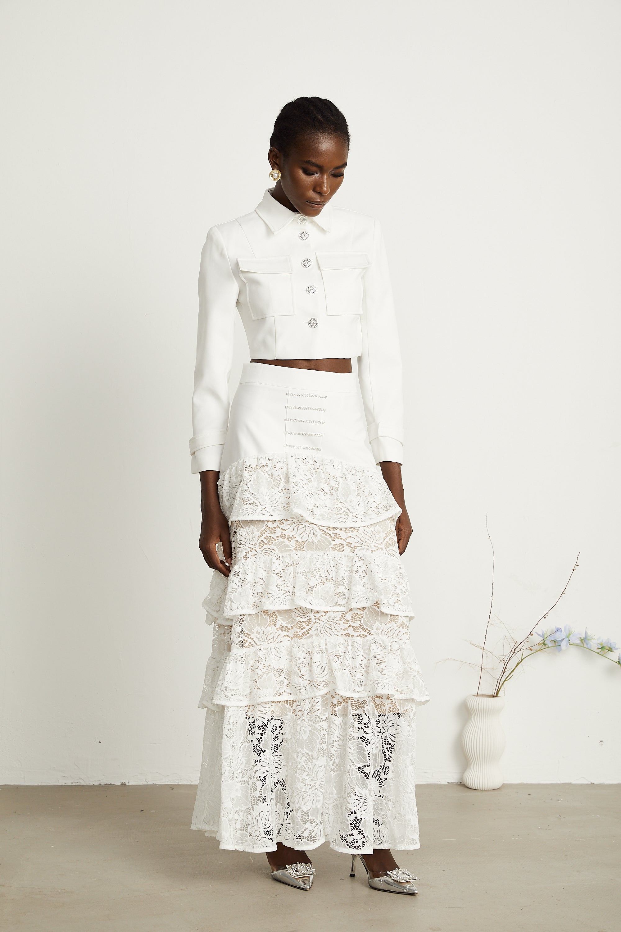 Zélie white lace-panel jacket & skirt matching set