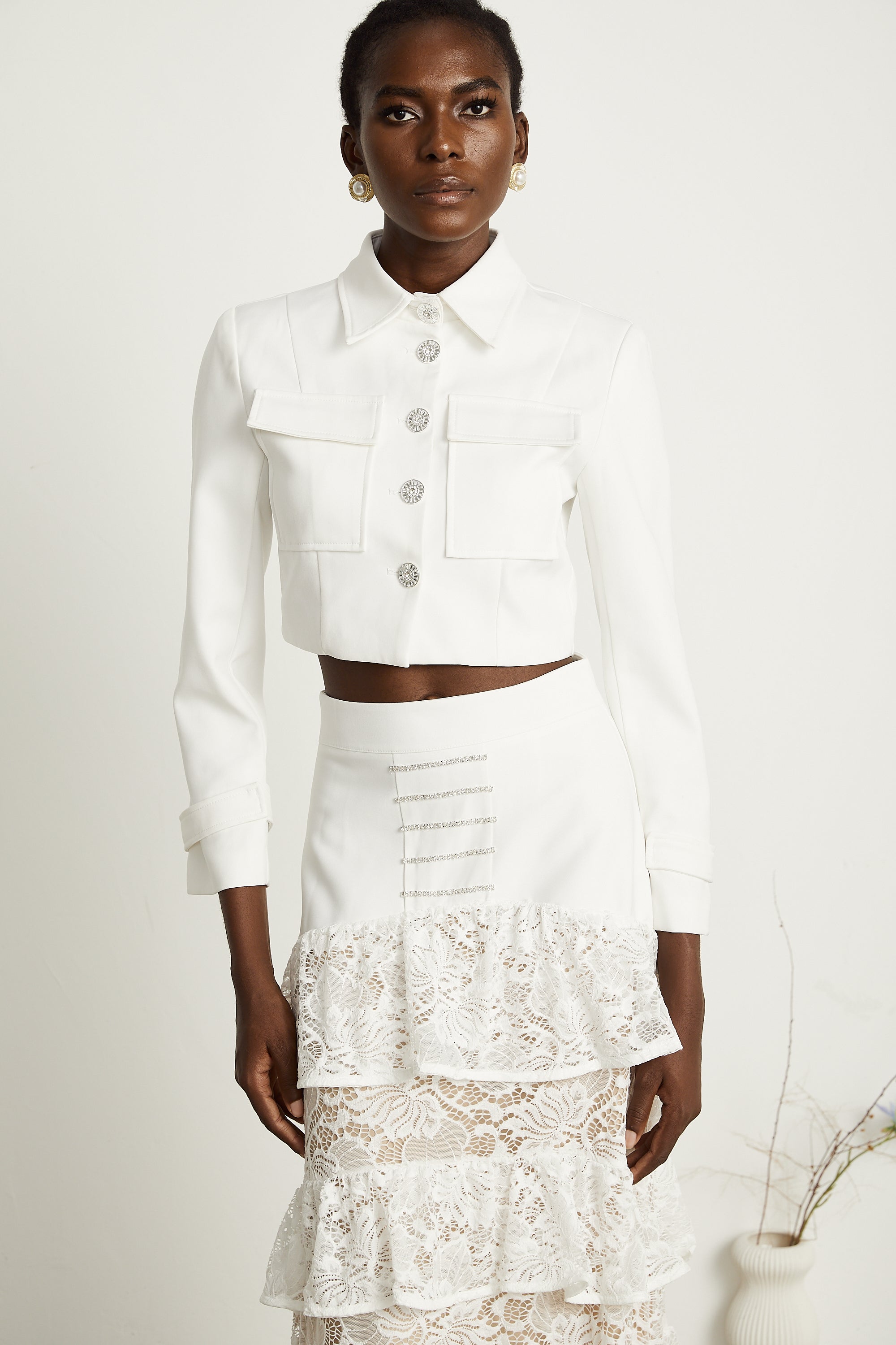 Zélie white lace-panel jacket & skirt matching set