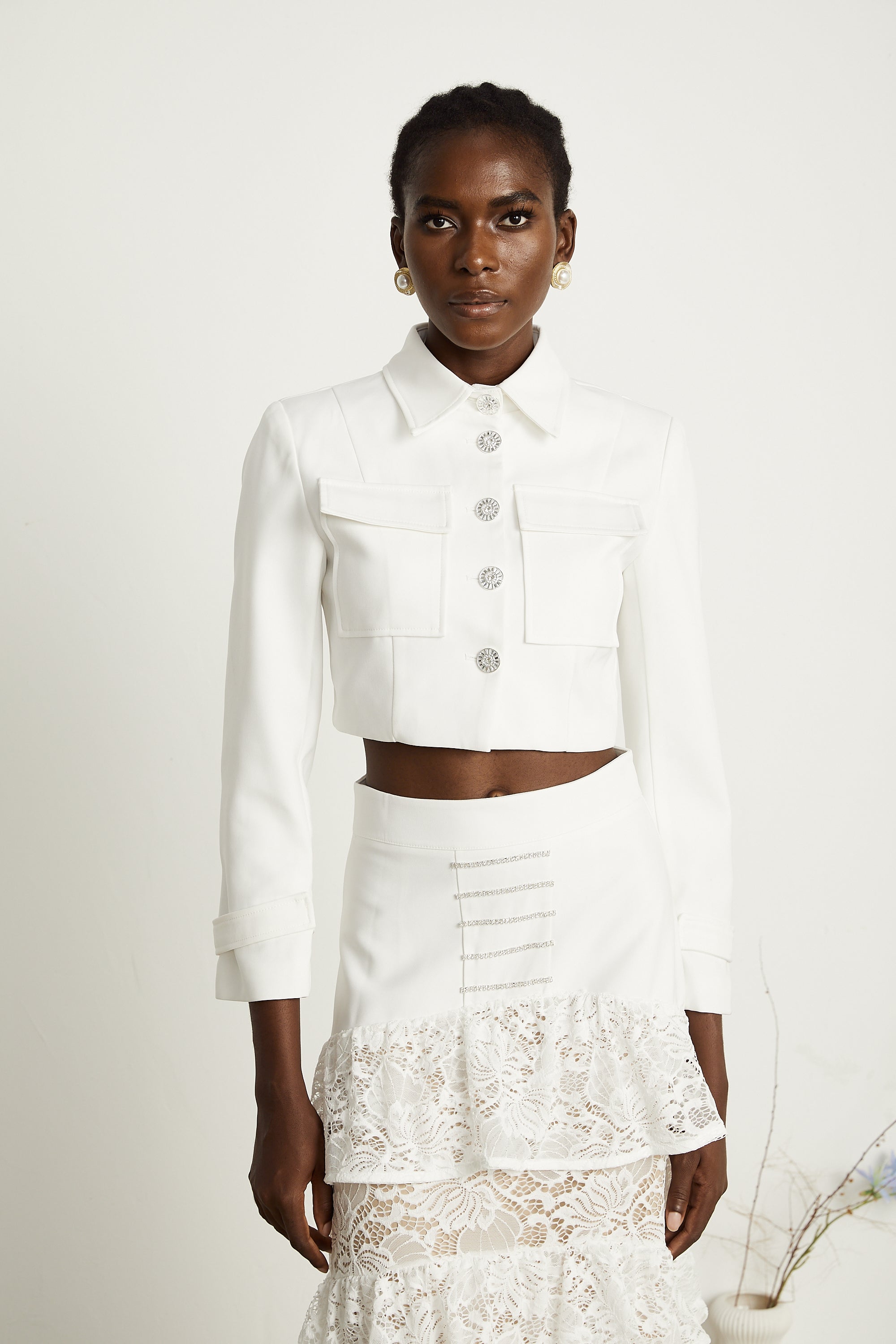 Zélie white lace-panel jacket & skirt matching set