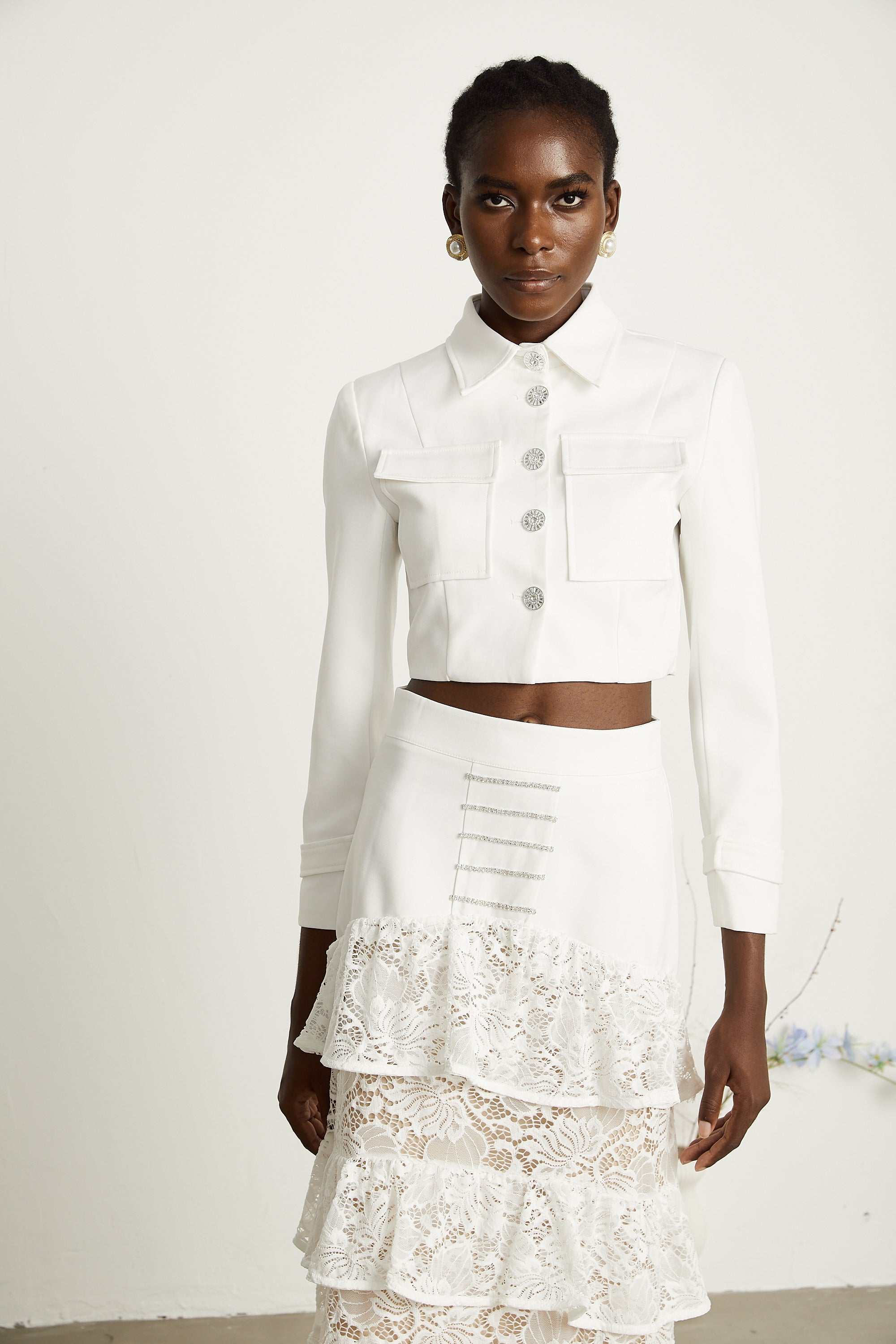 Zélie white lace-panel jacket & skirt matching set