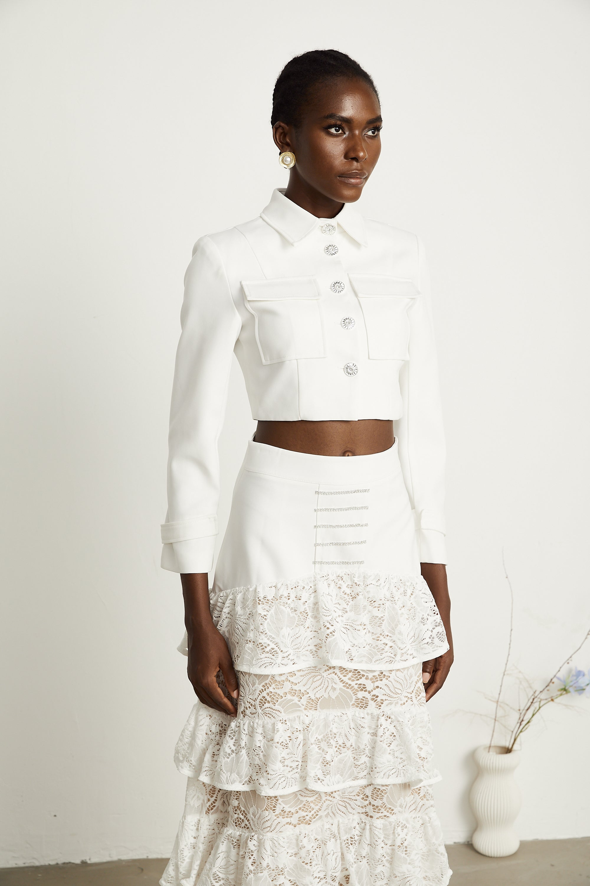 Zelie white lace panel jacket skirt matching set