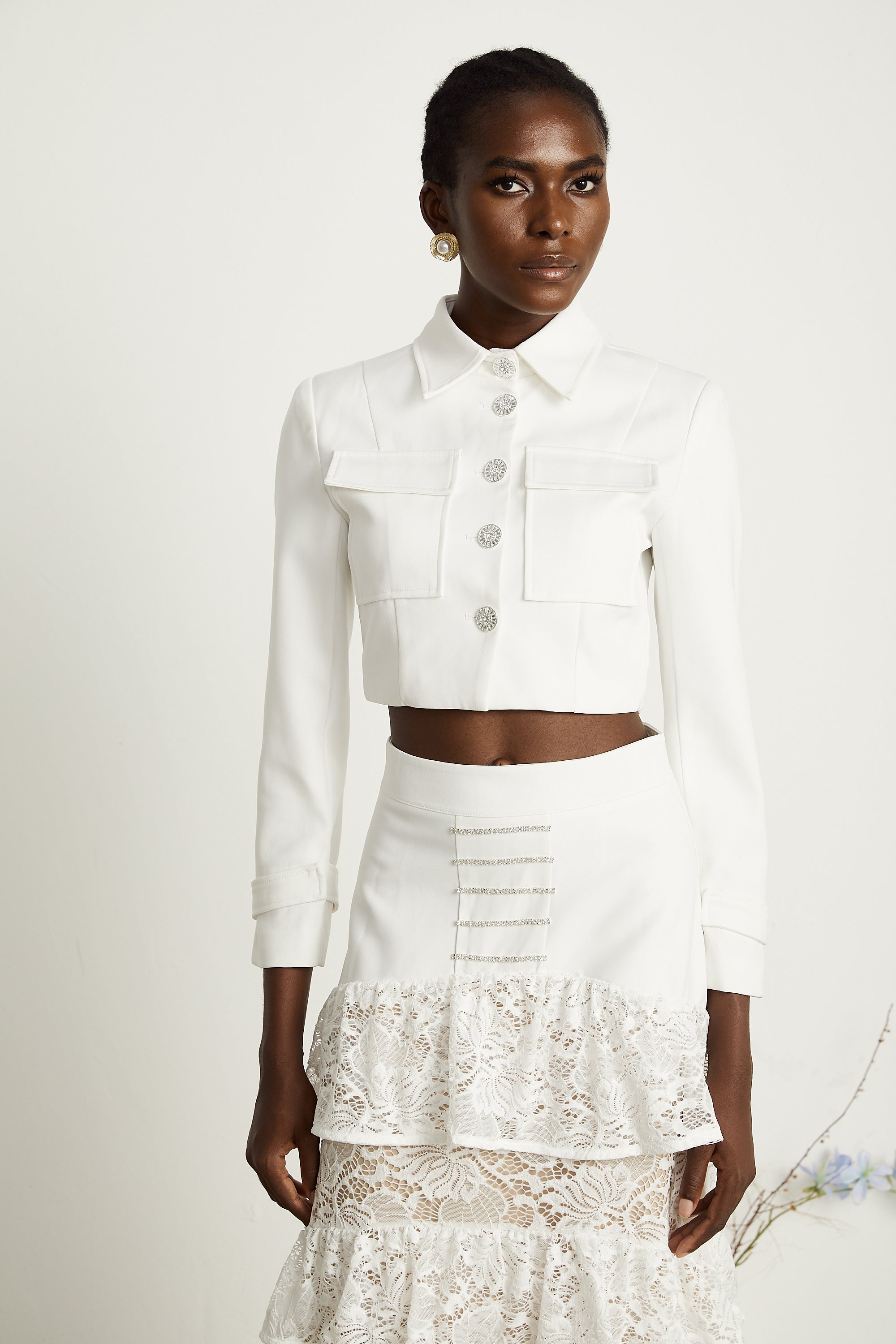 Zélie white lace-panel jacket & skirt matching set